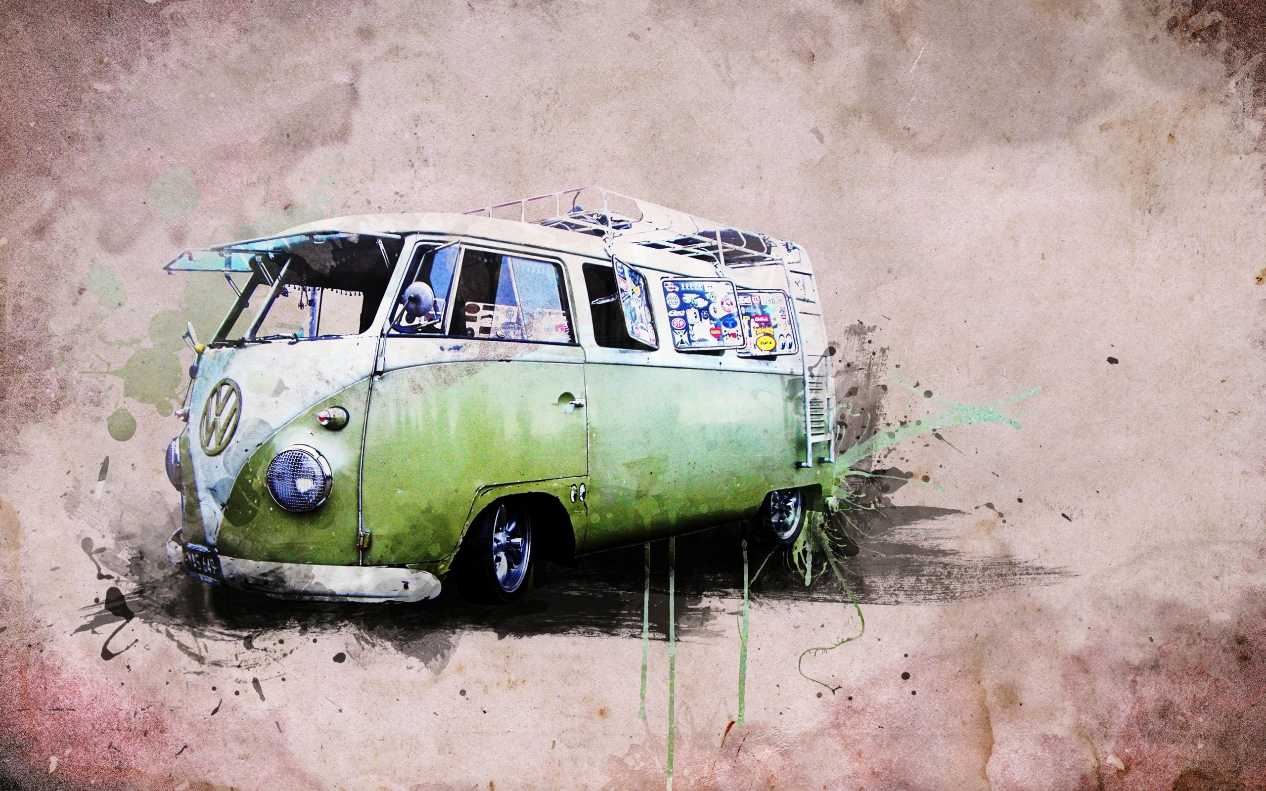 Volkswagen Type 2, Pulmino Volkswagen, Acquerello, 2K, sfondo per portatile
