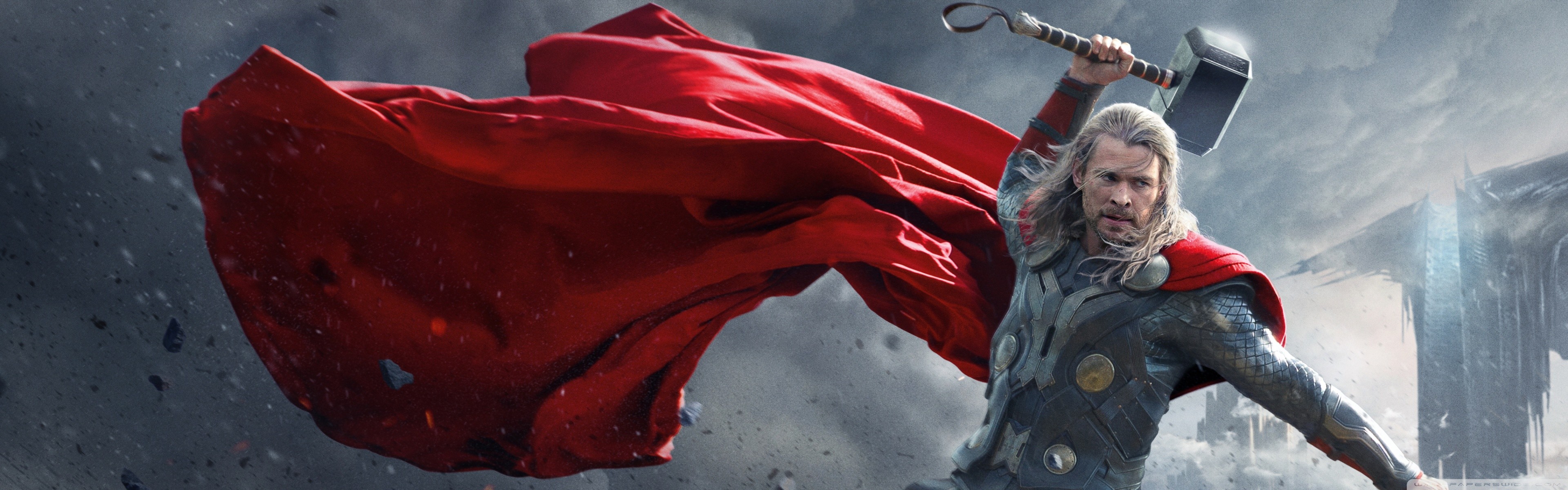 Thor, Chris Hemsworth, Thor: The Dark World, Mjolnir, Mantello rosso, sfondo doppio monitor