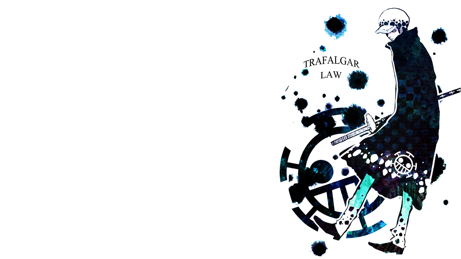 Trafalgar Law, Jolly Roger dei Pirati Heart, Macchie d'inchiostro, Sfondo bianco, wallpaper desktop