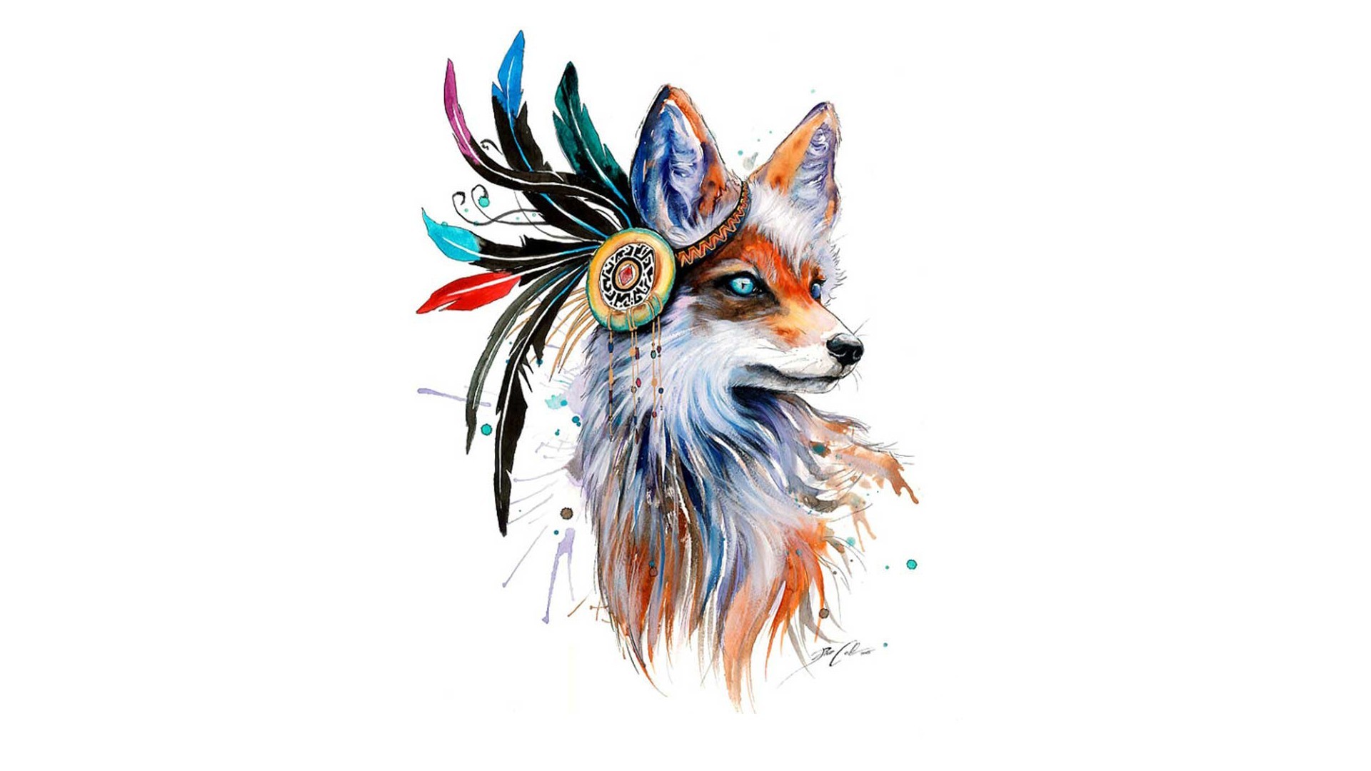 Volpe, Acquerello, Piume, Sfondo bianco, Full HD, wallpaper desktop