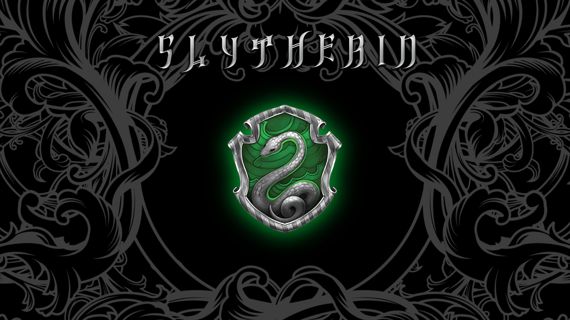 Stemma di Serpeverde, Serpeverde, Harry Potter, Decorazioni barocche, Sfondo nero, wallpaper Full HD