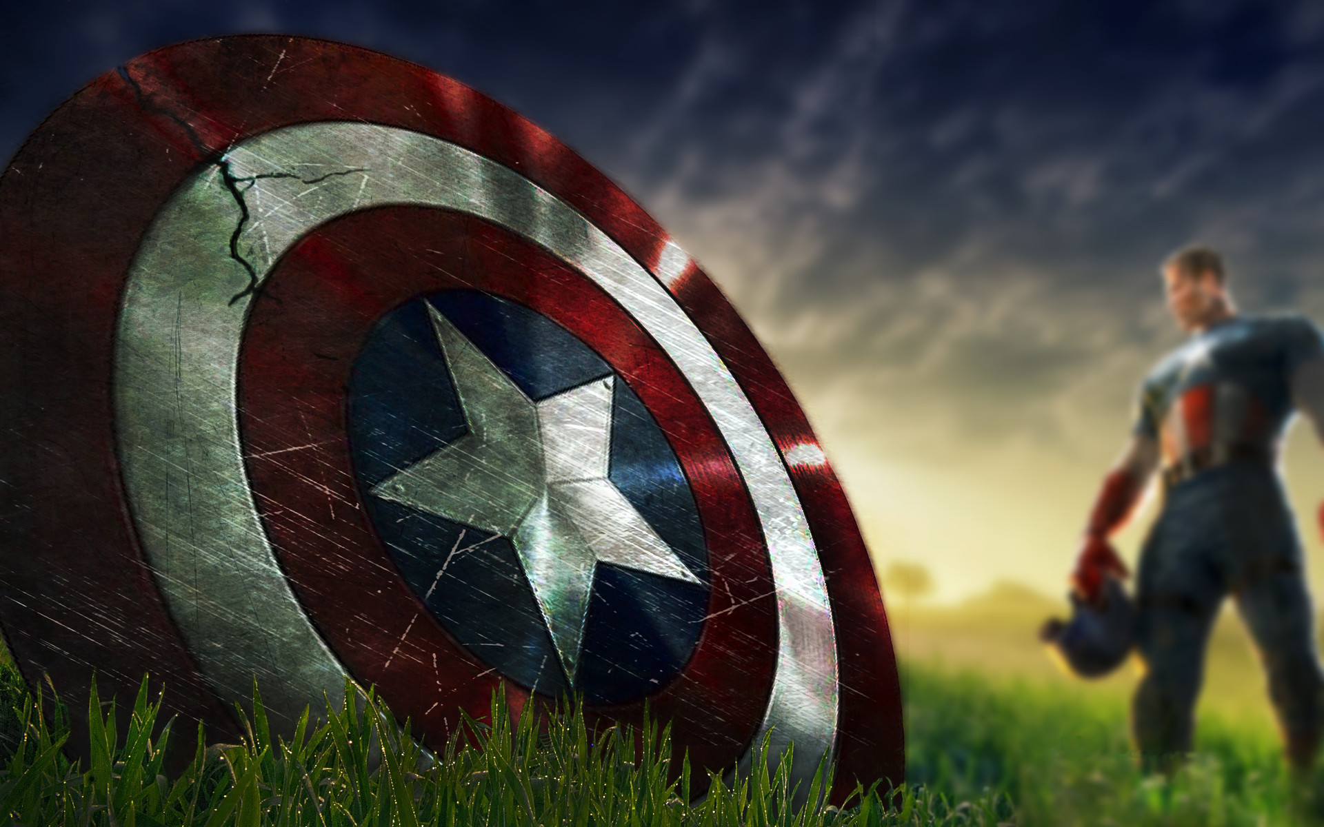 Scudo di Capitan America, Capitan America, Prato, Tramonto, Full HD, sfondo desktop