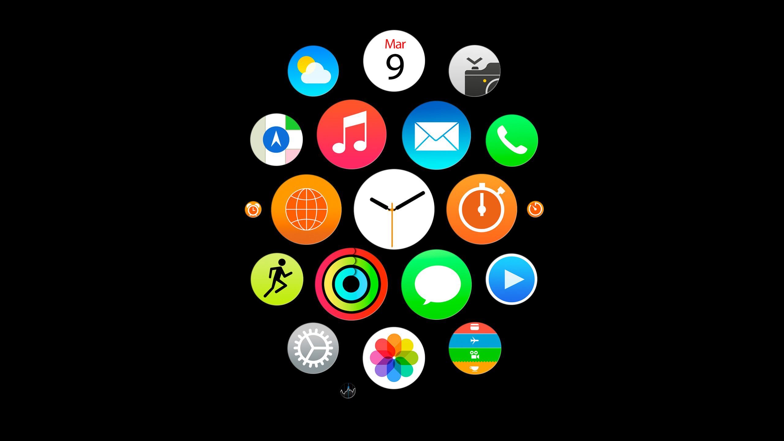 Apple Watch, Icone app, watchOS, Sfondo nero, 2K, wallpaper MacBook