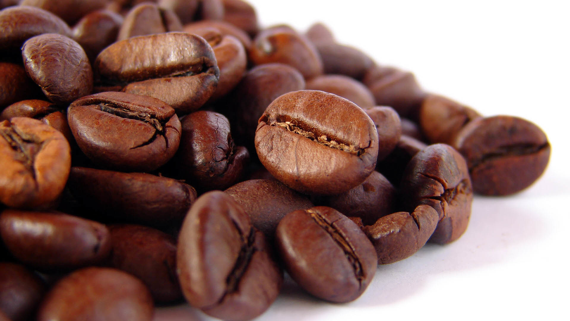 Chicchi di caffè, Caffè tostato, Macro, Sfondo bianco, 16:9 Full HD, wallpaper widescreen