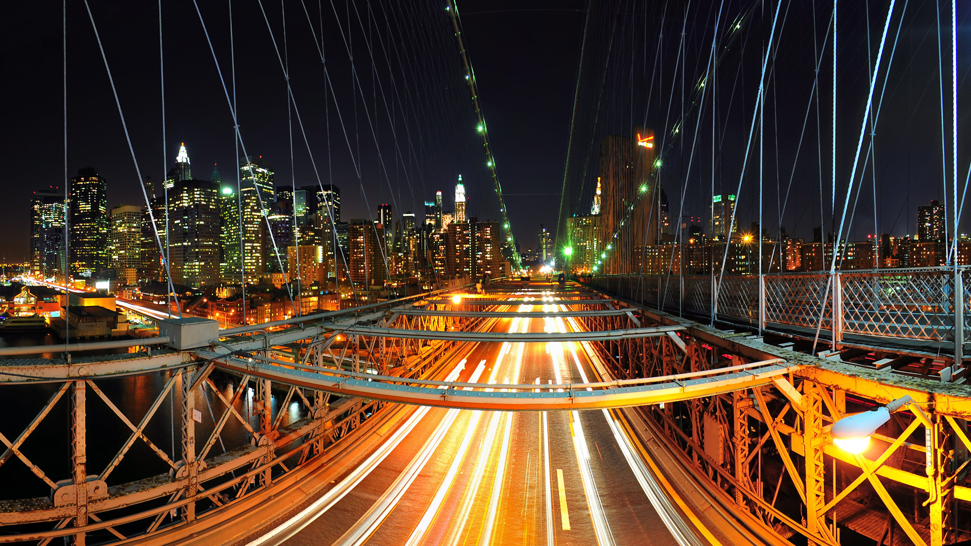 Ponte di Brooklyn, Scie luminose, Manhattan, Notte, Full HD, wallpaper desktop