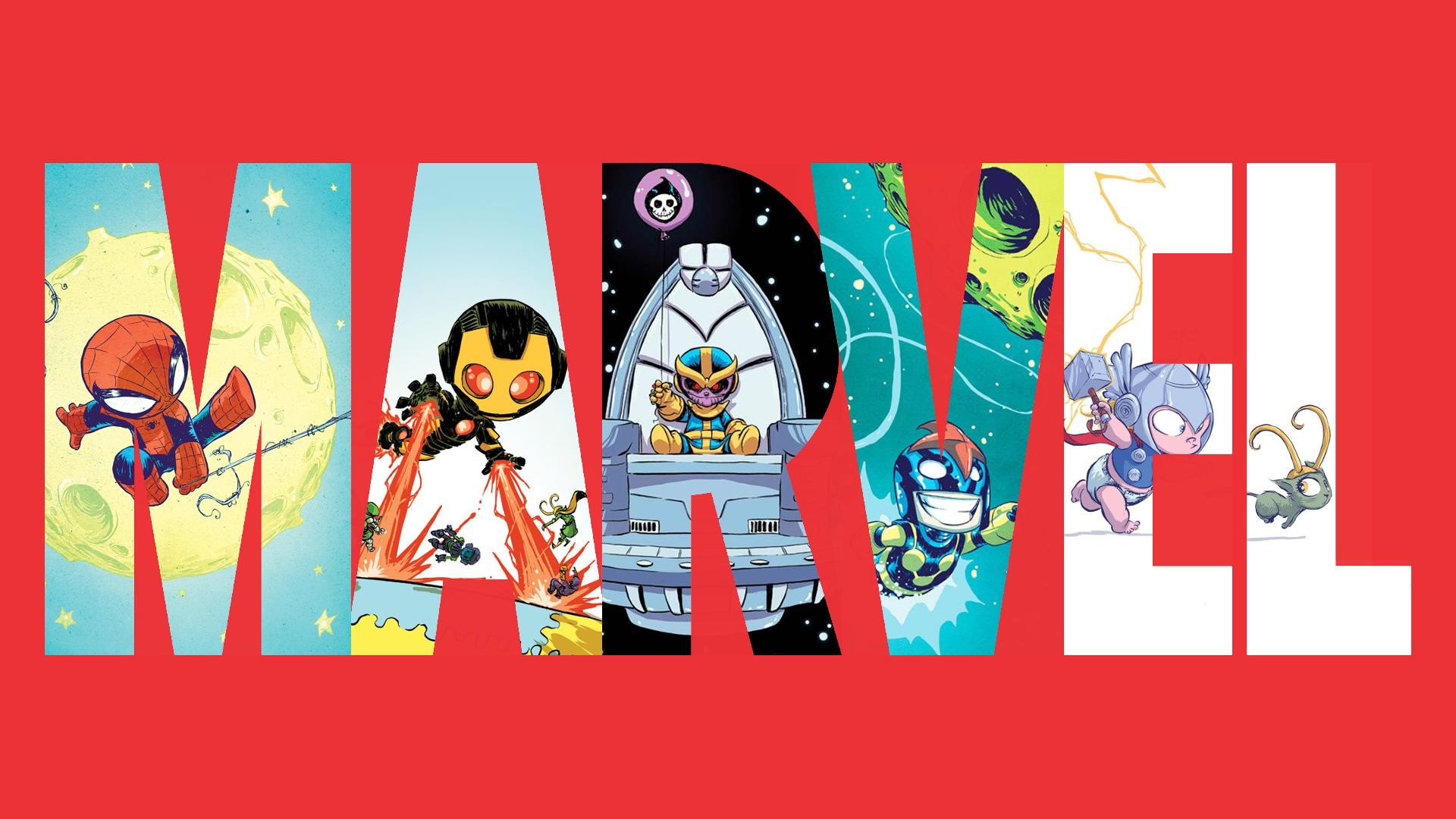 Logo Marvel, Thanos, Iron Man, Uomo Ragno, Chibi, 16:9 Full HD, sfondo widescreen