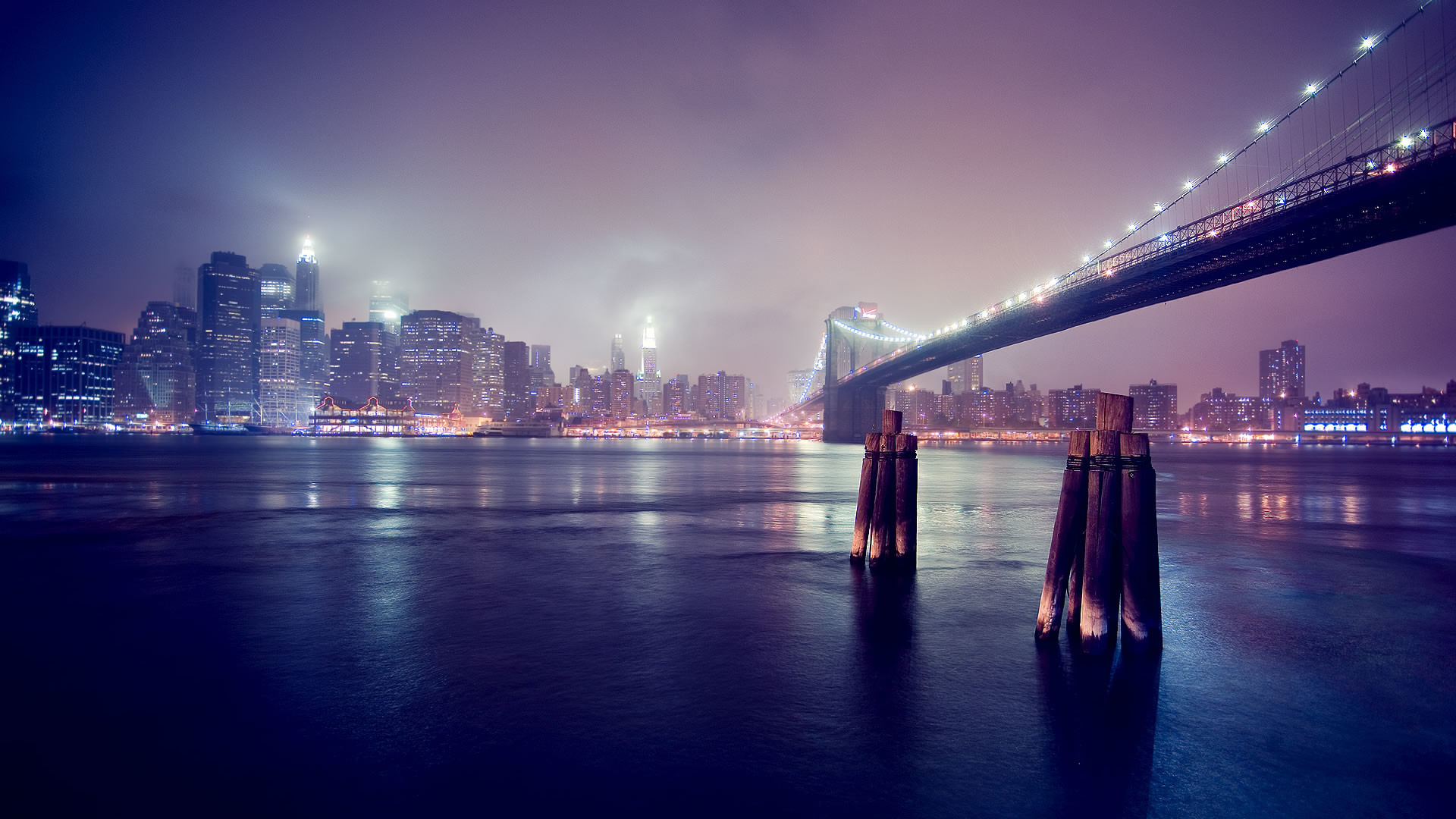 Ponte di Brooklyn, New York, Skyline, Nebbia, Notte, Full HD, sfondo desktop