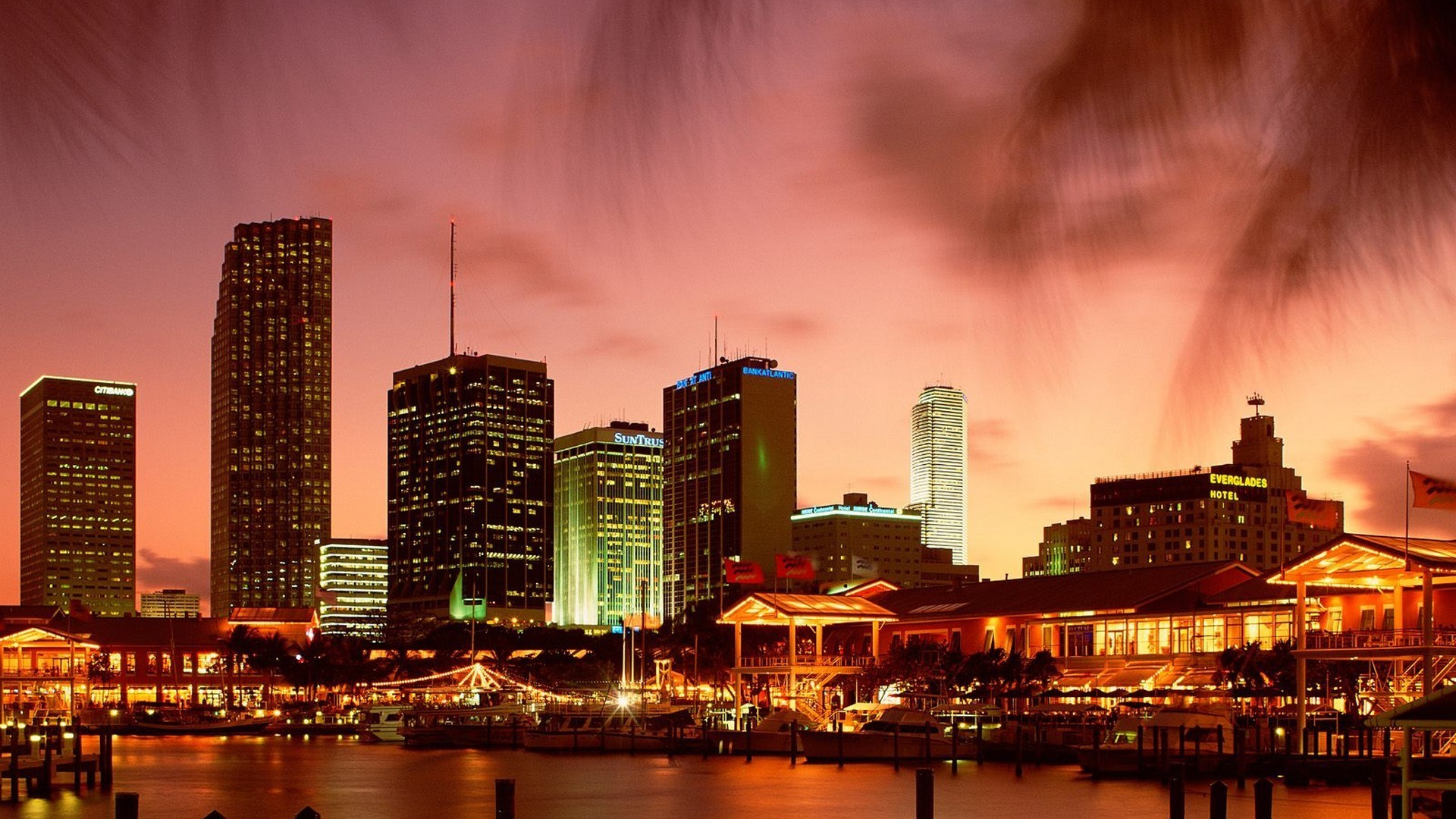 Bayside Marketplace, Downtown Miami, Miami, Grattacieli, Tramonto, sfondo 1920x1080 per PC