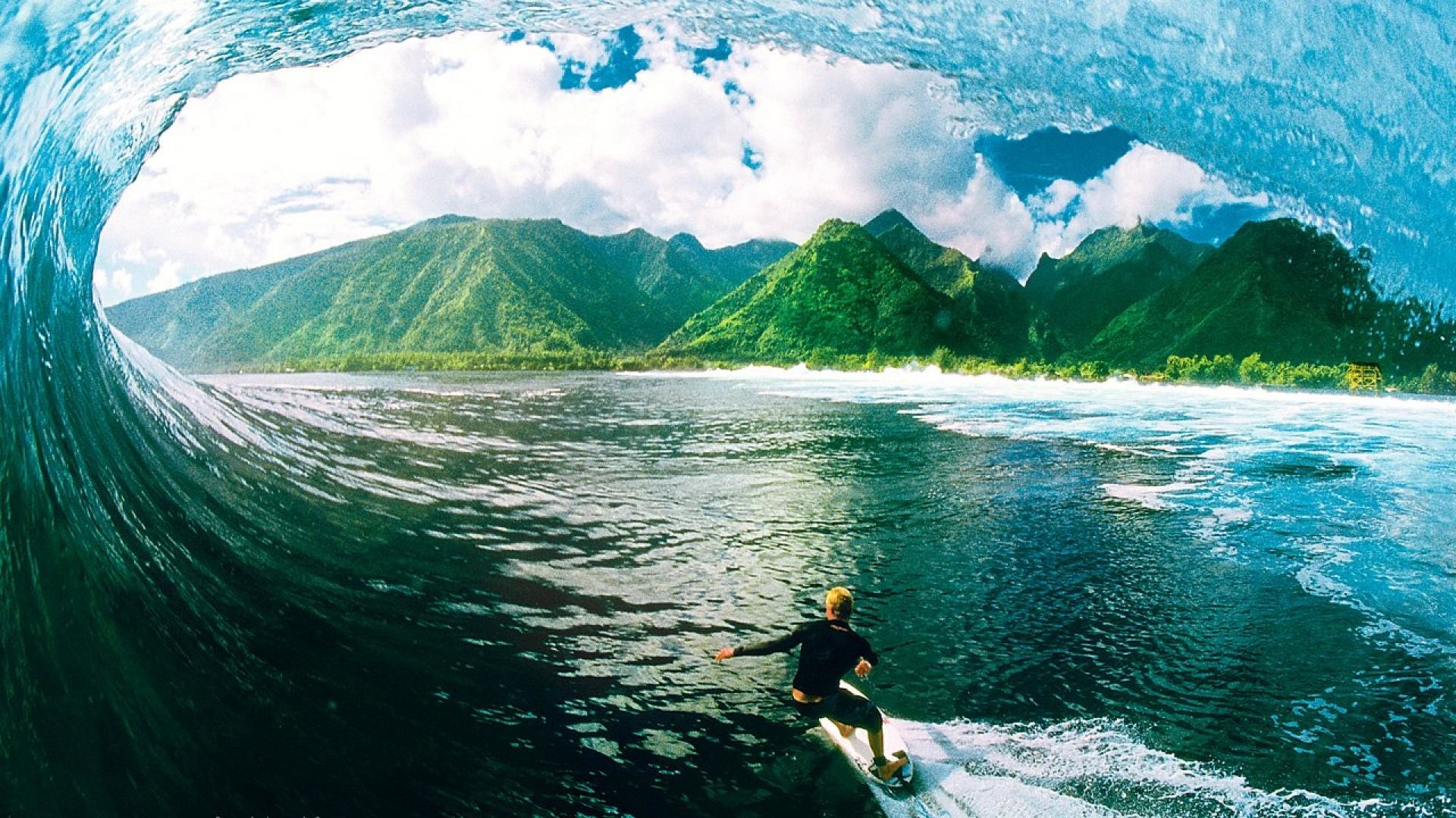 Surfista, Onda, Montagne, Isola tropicale, Full HD, sfondo per PC e portatile