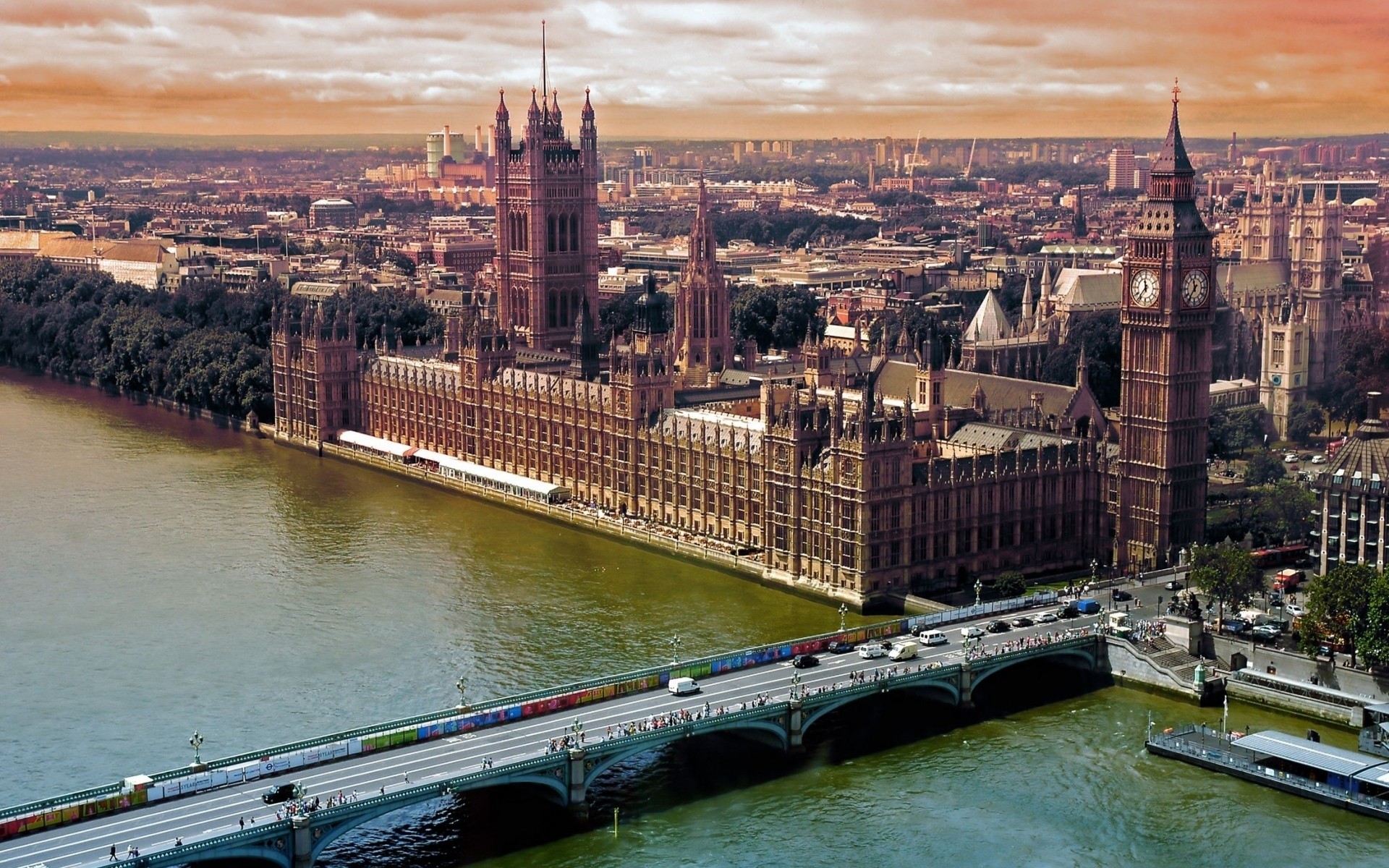 Palazzo di Westminster, Big Ben, Westminster Bridge, Tamigi, Londra, Vista aerea, sfondo desktop