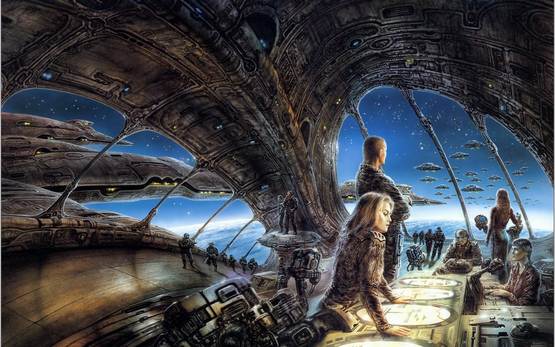 Astronave, Ponte di osservazione, Persone, Spazio, Fantascienza, wallpaper 1920x1200