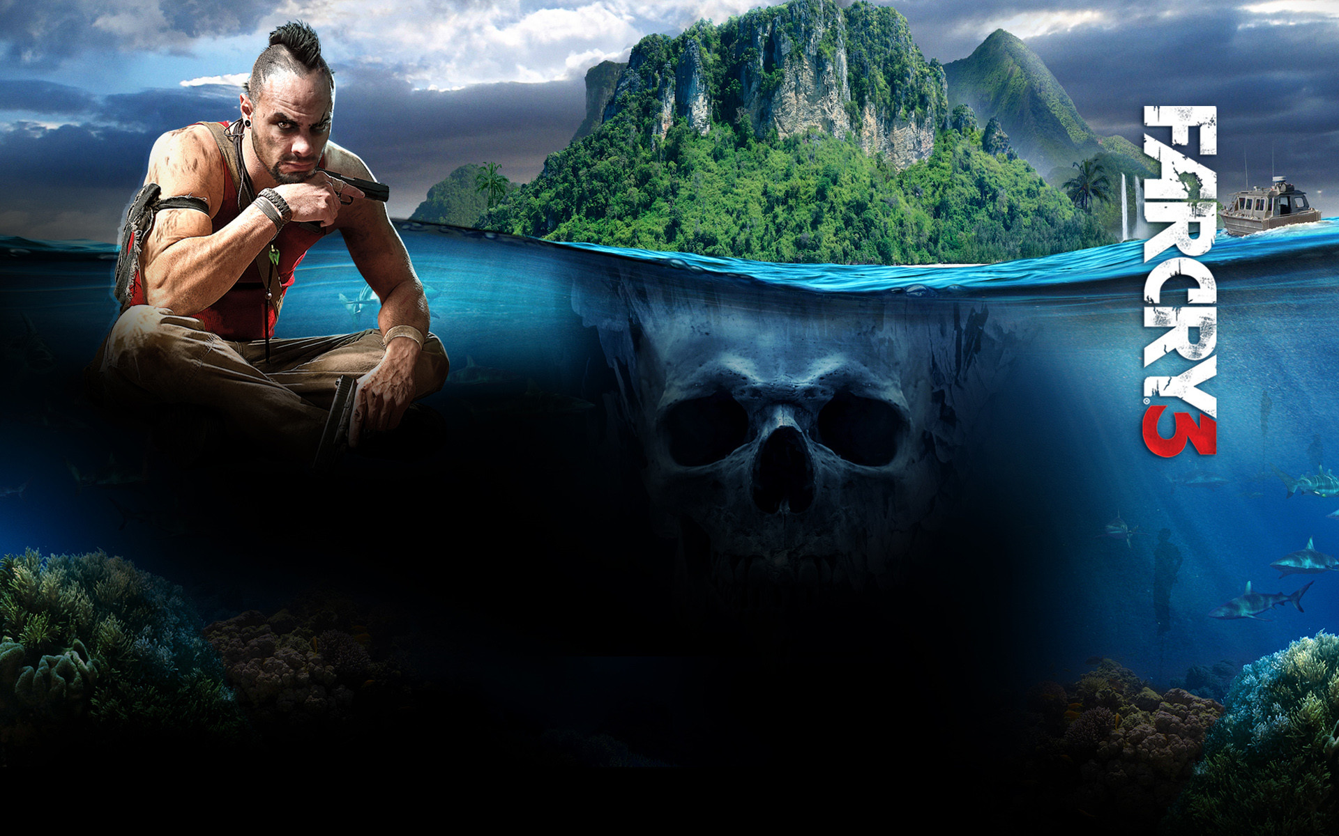 Vaas Montenegro, Far Cry 3, Teschio subacqueo, Isola, Full HD, sfondo per portatile