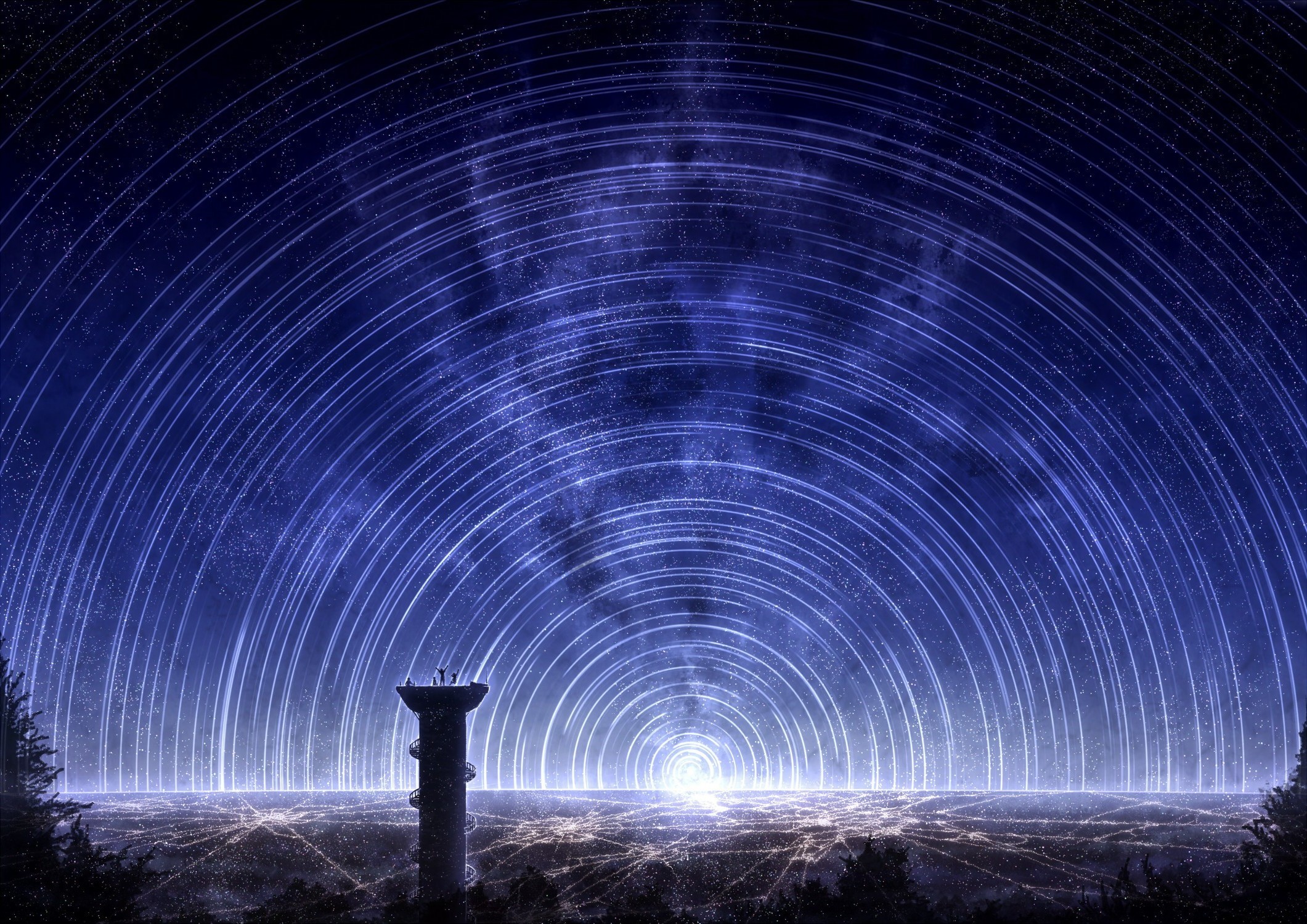 Scie stellari, Torre, Lunga esposizione, Notte, Full HD, sfondo desktop