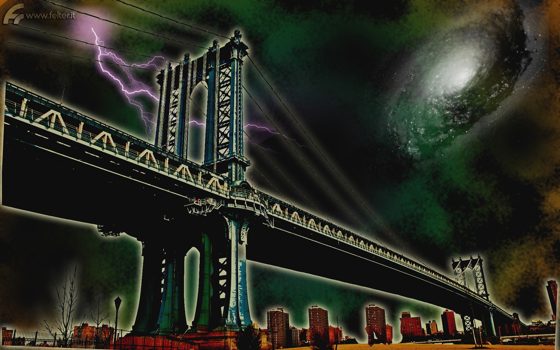 Manhattan Bridge, New York, Fulmini, Galassia, 1920x1200, immagine di sfondo