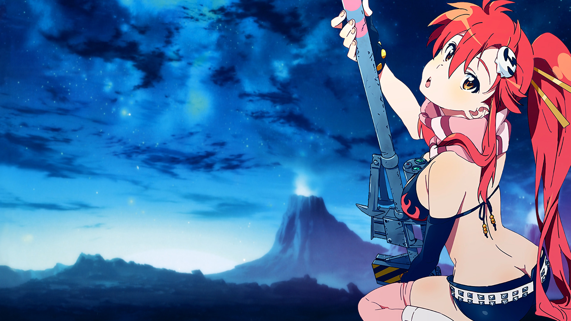 Yoko Littner, Gurren Lagann, Fucile, Vulcano, Cielo stellato, Full HD, sfondo per portatile
