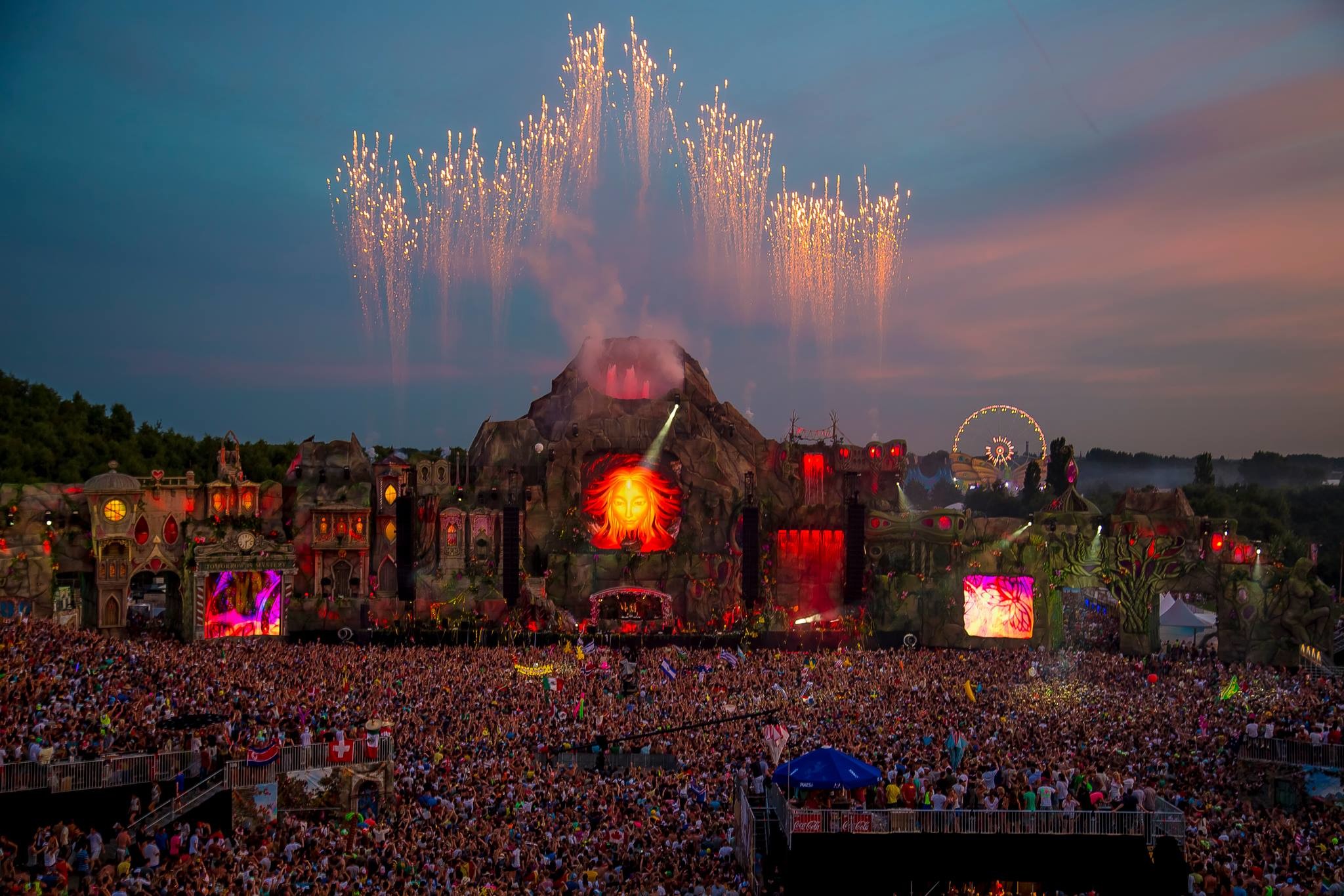 Tomorrowland, Main stage, Fuochi pirotecnici, Crepuscolo, Full HD, wallpaper desktop