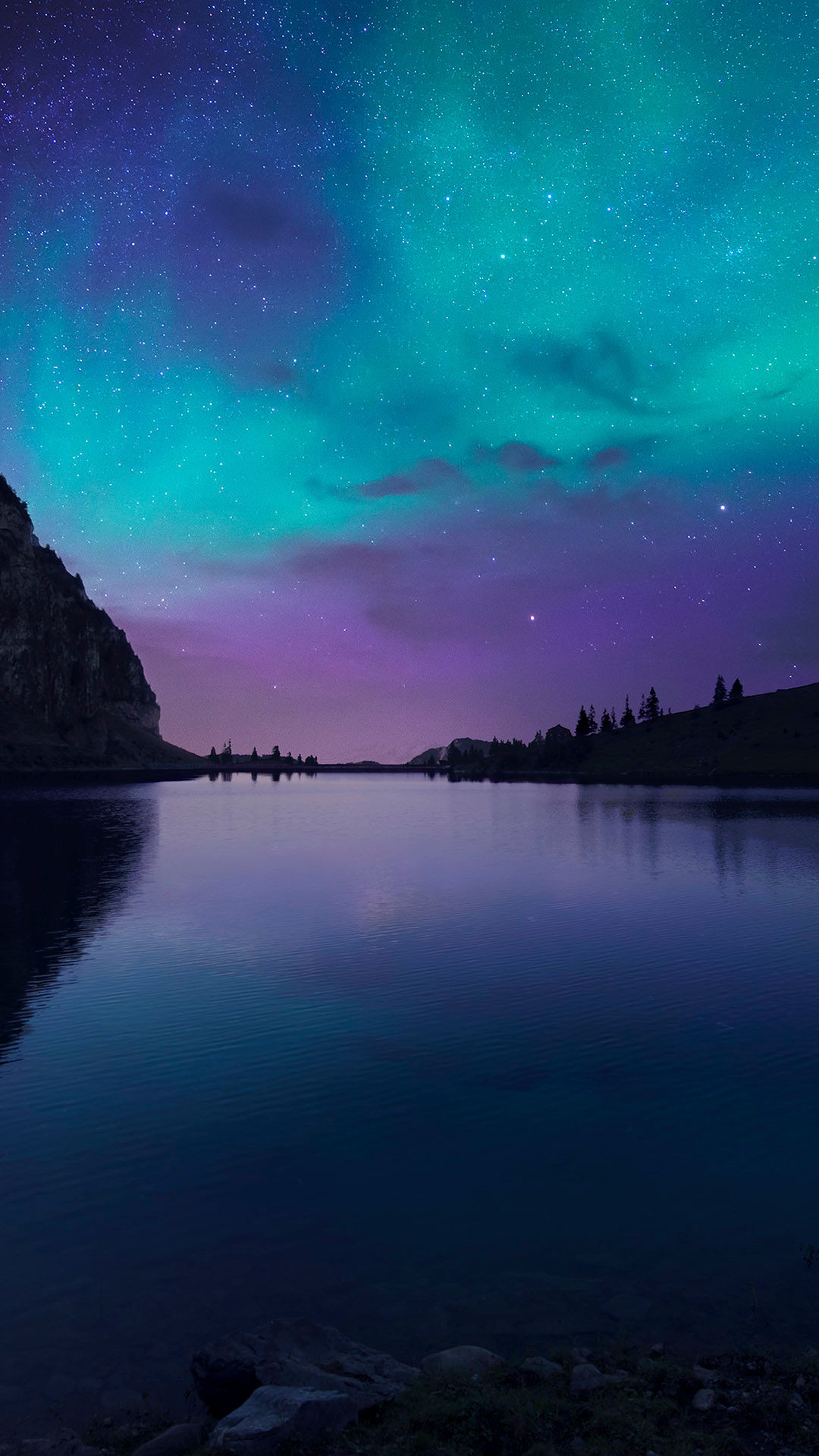 Aurora boreale, Lago, Notte, Verde acqua, Full HD, sfondo iPhone 6
