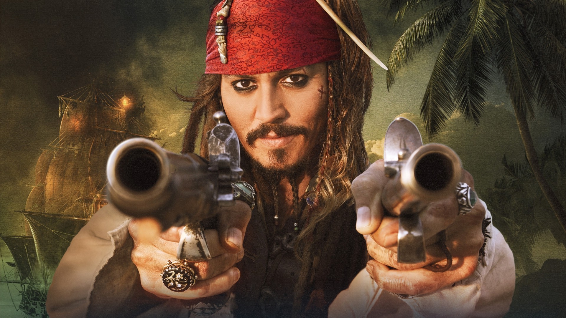 Jack Sparrow, Johnny Depp, Pirati dei Caraibi, Pistole, Palme, Full HD, sfondo Windows 11