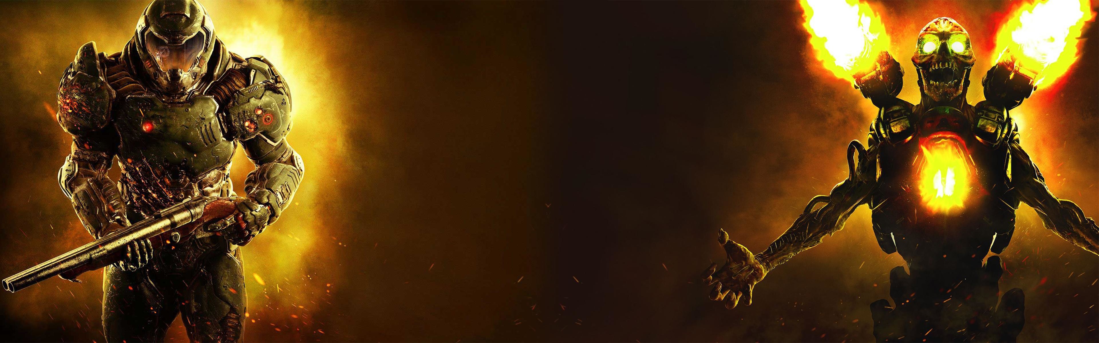 Doom Slayer, Revenant, Doom (2016), Fiamme, Panorama, doppio schermo, sfondo Full HD