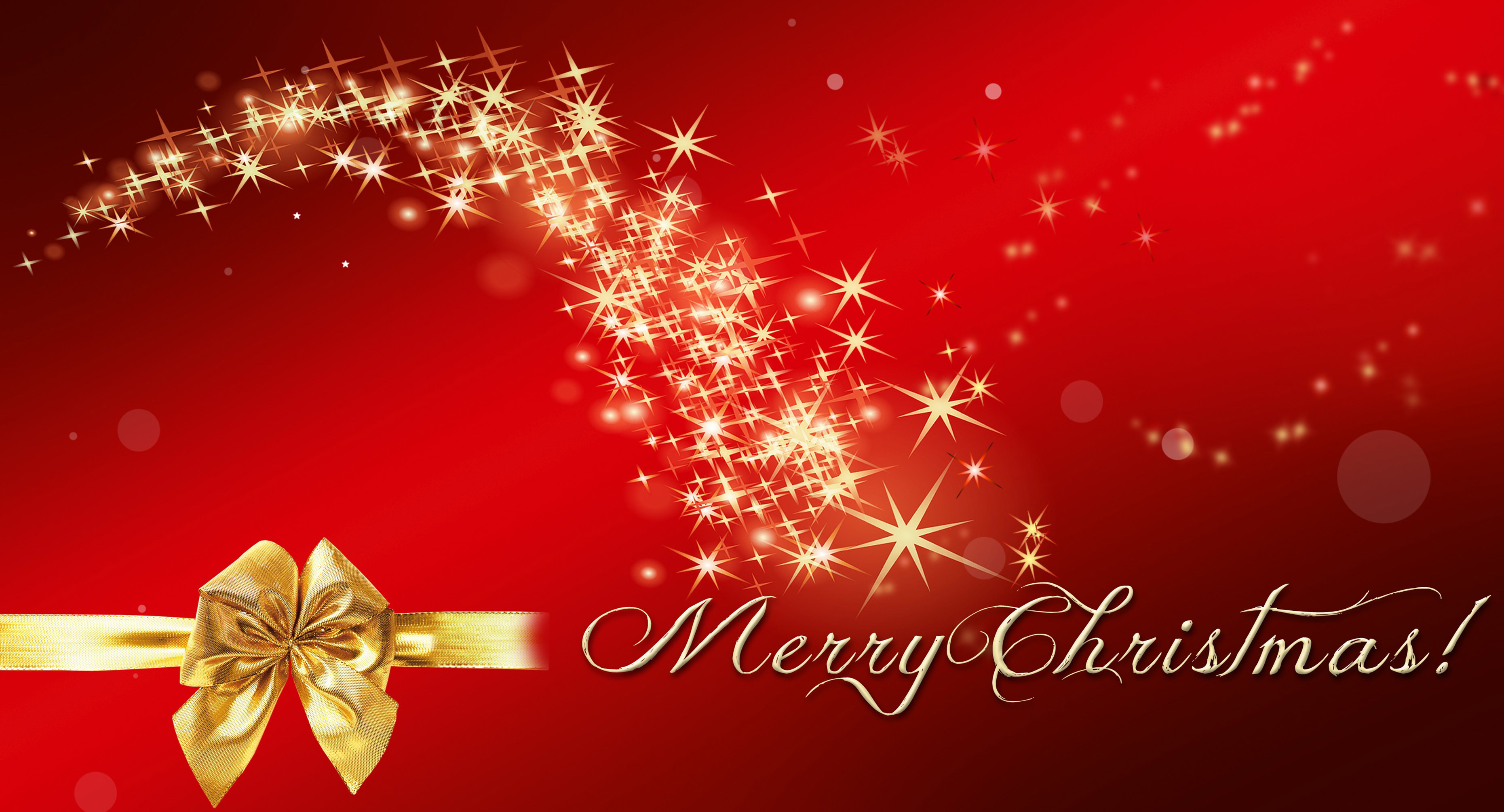 Merry Christmas, Fiocco dorato, Scintille, Sfondo rosso, Stelle, wallpaper per portatile