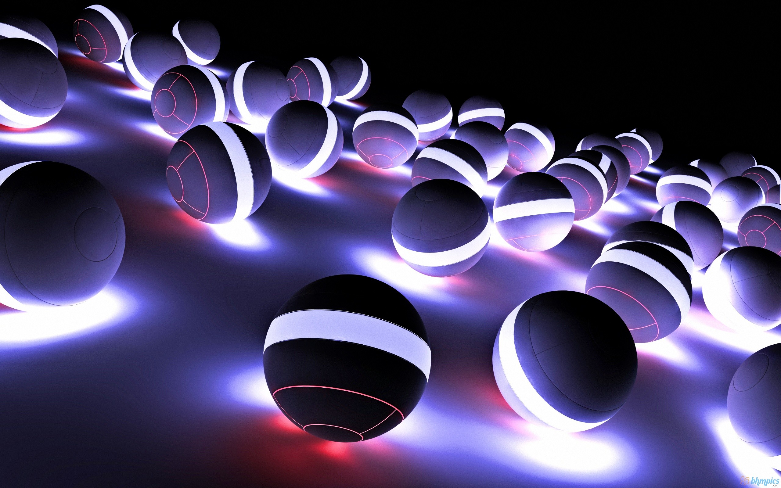 Sfere luminose, Rendering 3D, Viola, Neon, 2K, sfondo Windows 11
