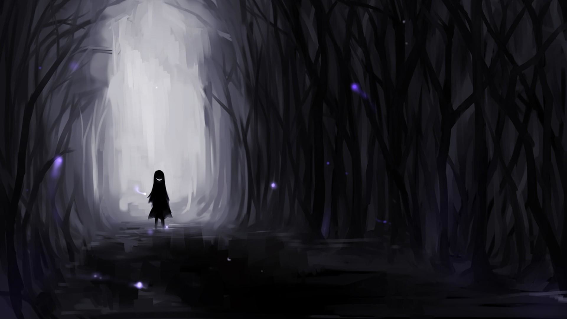 Foresta oscura, Bambina, Lucciole, Arte digitale, 16:9 Full HD, wallpaper widescreen