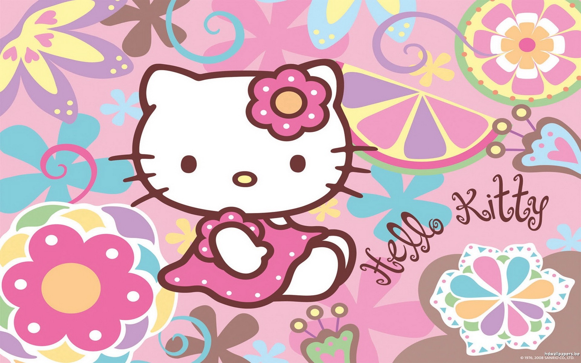 Hello Kitty, Fiori, Motivo floreale, Pastello, Scritta, 1920x1200, sfondo per PC