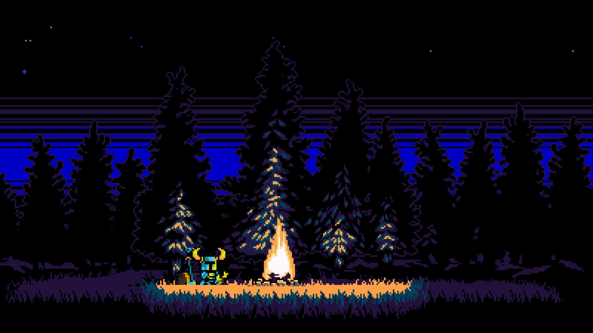 Shovel Knight, Pixel art, Falò, Foresta, Notte, Full HD, sfondo desktop