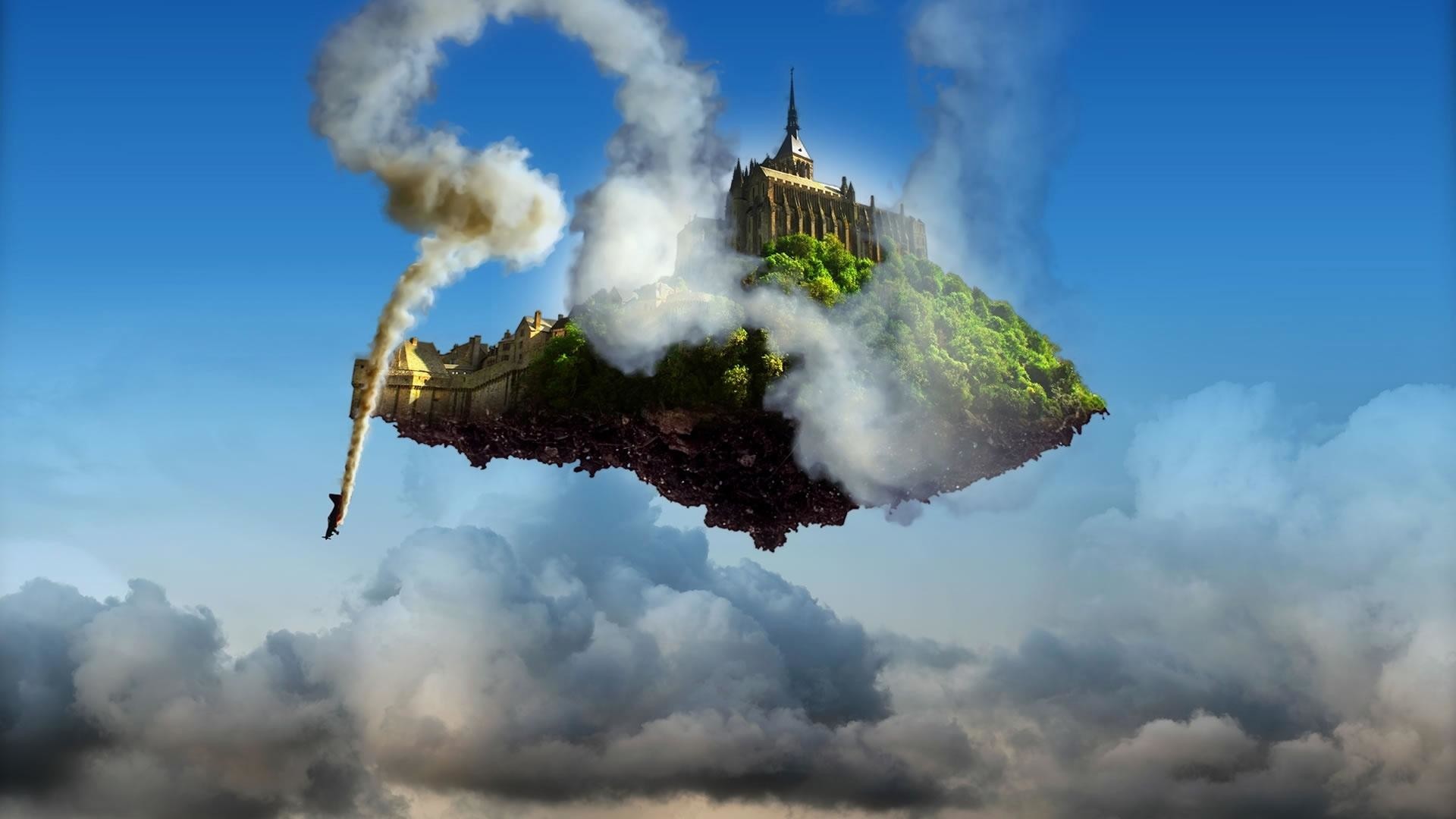Isola volante, Castello, Nuvole, Arte fantasy, Surrealismo, Full HD, sfondo per portatile