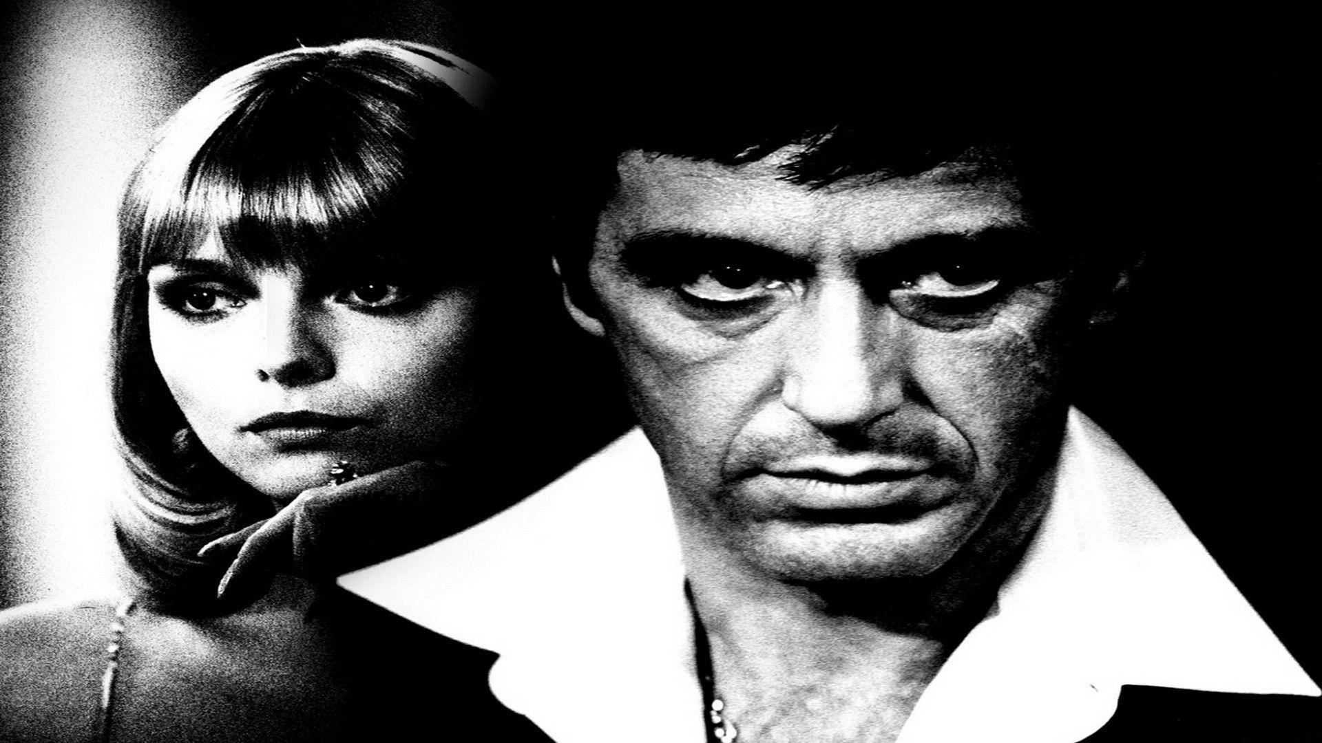 Al Pacino, Michelle Pfeiffer, Tony Montana, Elvira Hancock, Scarface, Bianco e nero, immagine di sfondo