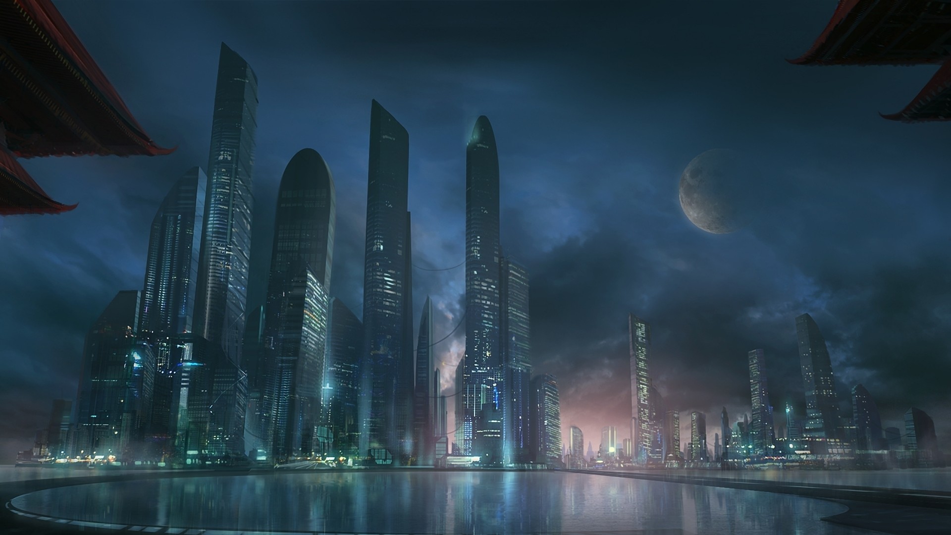 Città futuristica, Fantascienza, Grattacieli, Arte digitale, Full HD, sfondo Windows 11