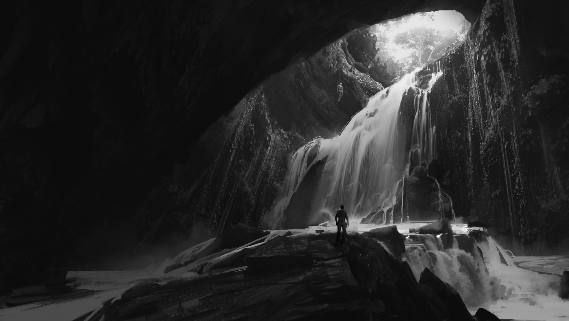 Uncharted 4, Cascata, Grotta, Bianco e nero, Full HD, sfondo desktop