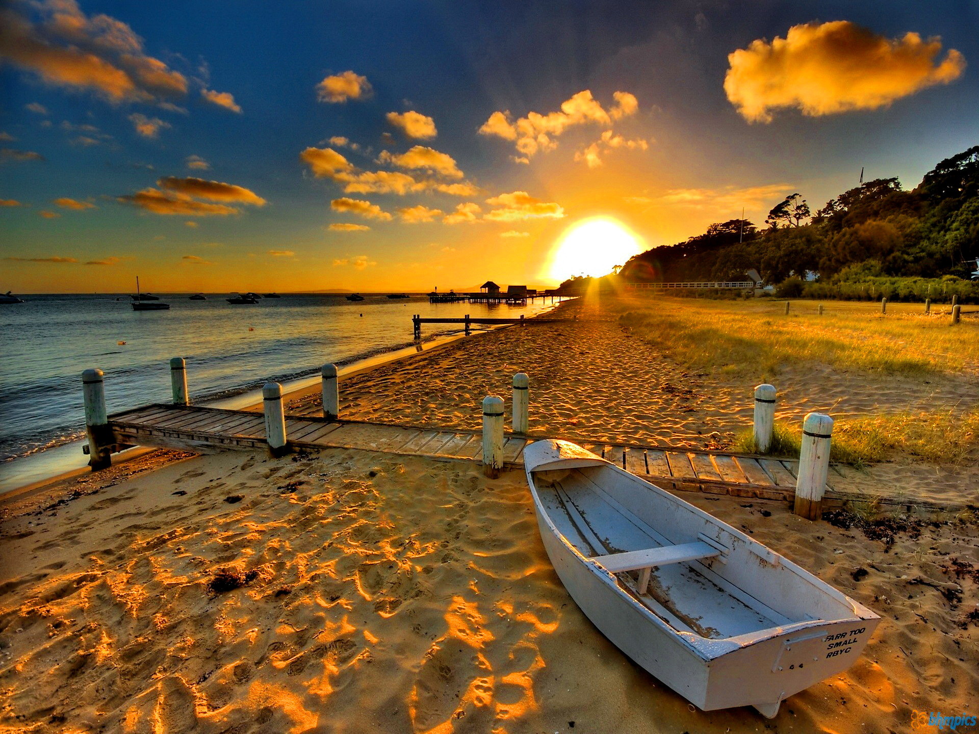 Barca, Spiaggia, Molo, Tramonto, HDR, Full HD, sfondo per iPad e tablet