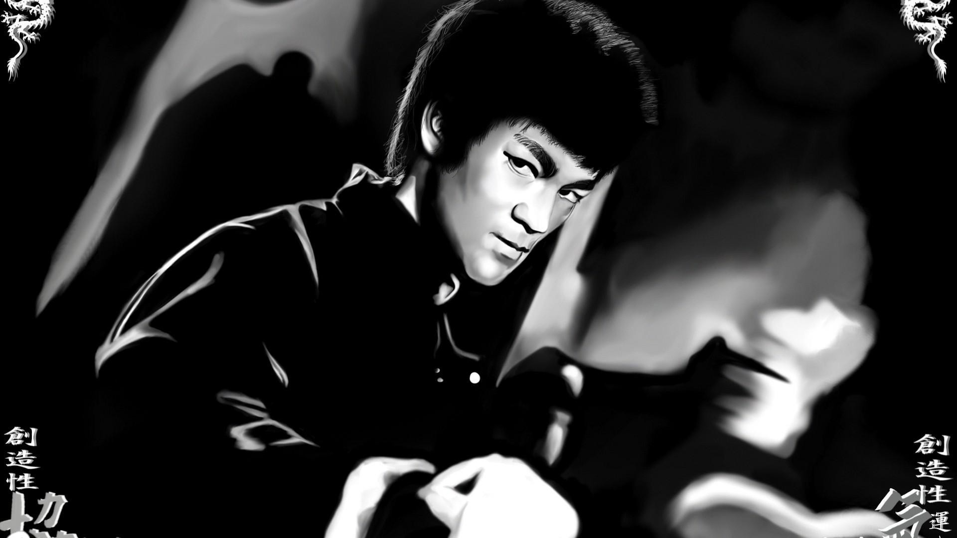 Bruce Lee, Bianco e nero, Pittura digitale, Full HD, sfondo desktop