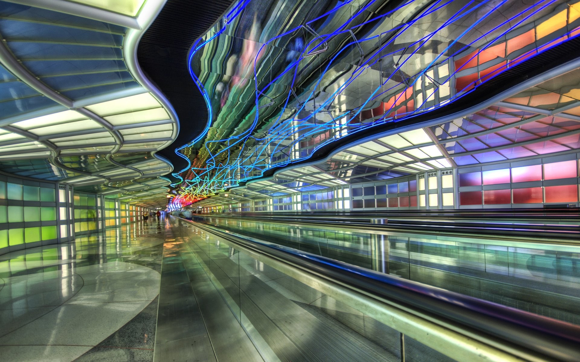 Aeroporto O'Hare di Chicago, Tunnel United Airlines, Luci al neon, Tapis roulant, Architettura moderna, sfondo Full HD