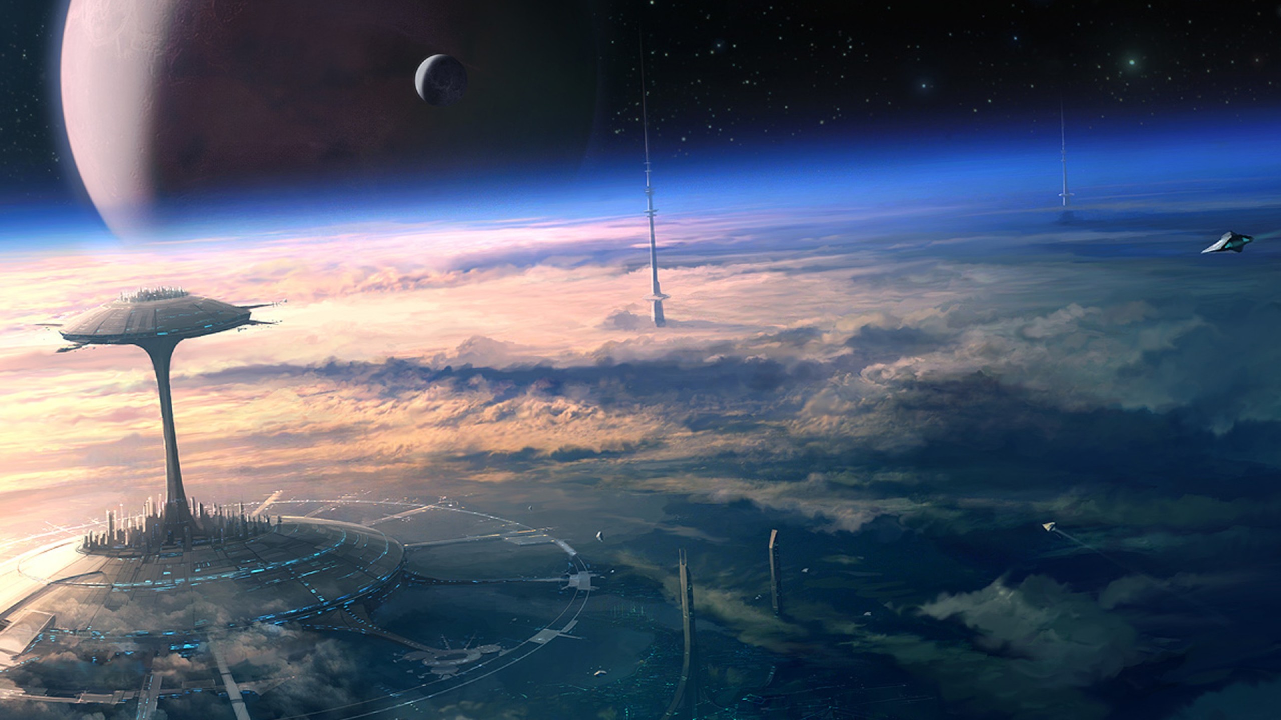 Pianeta, Nuvole, Torre, Spazio, Arte sci-fi, 2K, sfondo desktop
