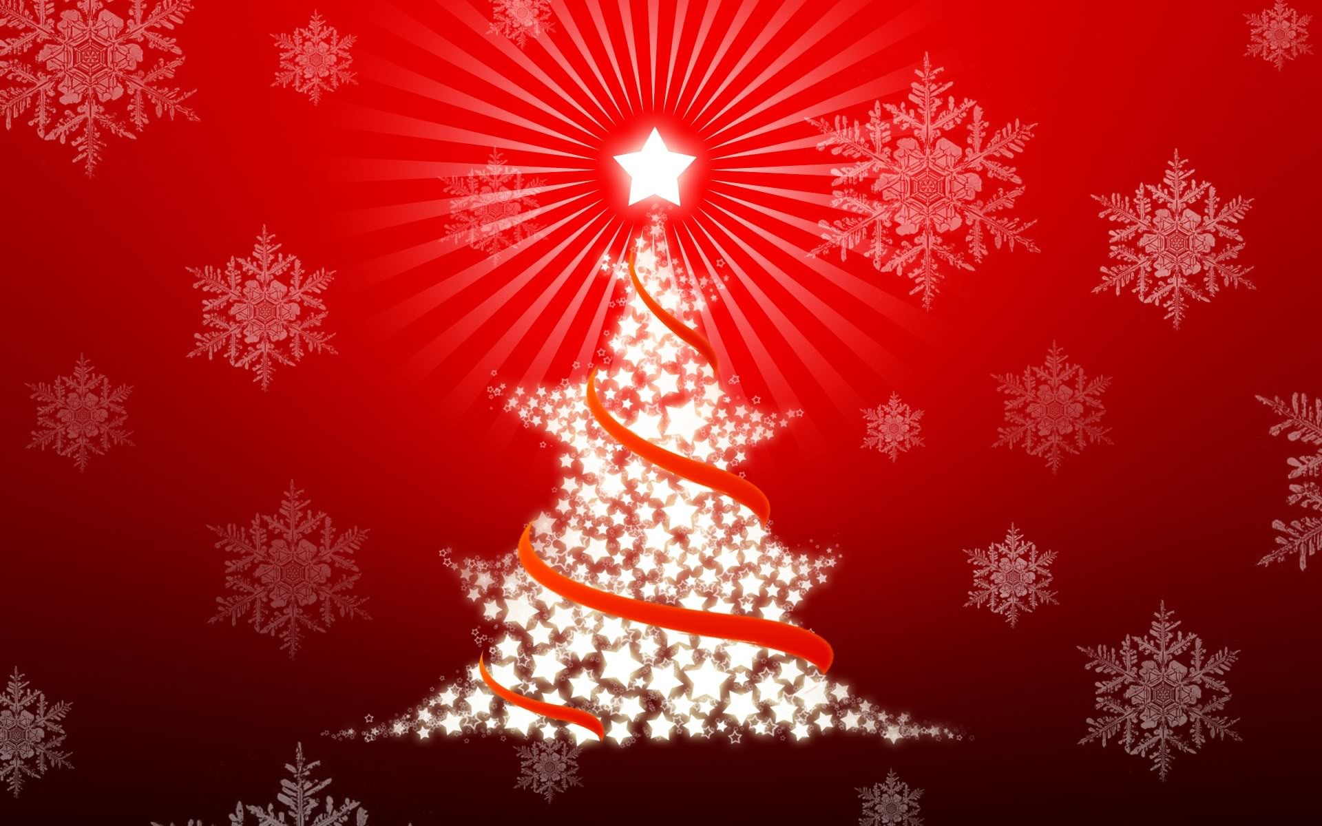 Albero di Natale stilizzato, Stella, Fiocchi di neve, Sfondo rosso, wallpaper desktop Full HD