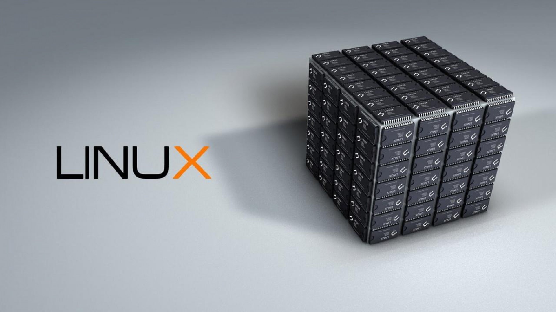 Linux, Cubo, Rendering 3D, Sfondo grigio, Full HD, wallpaper desktop