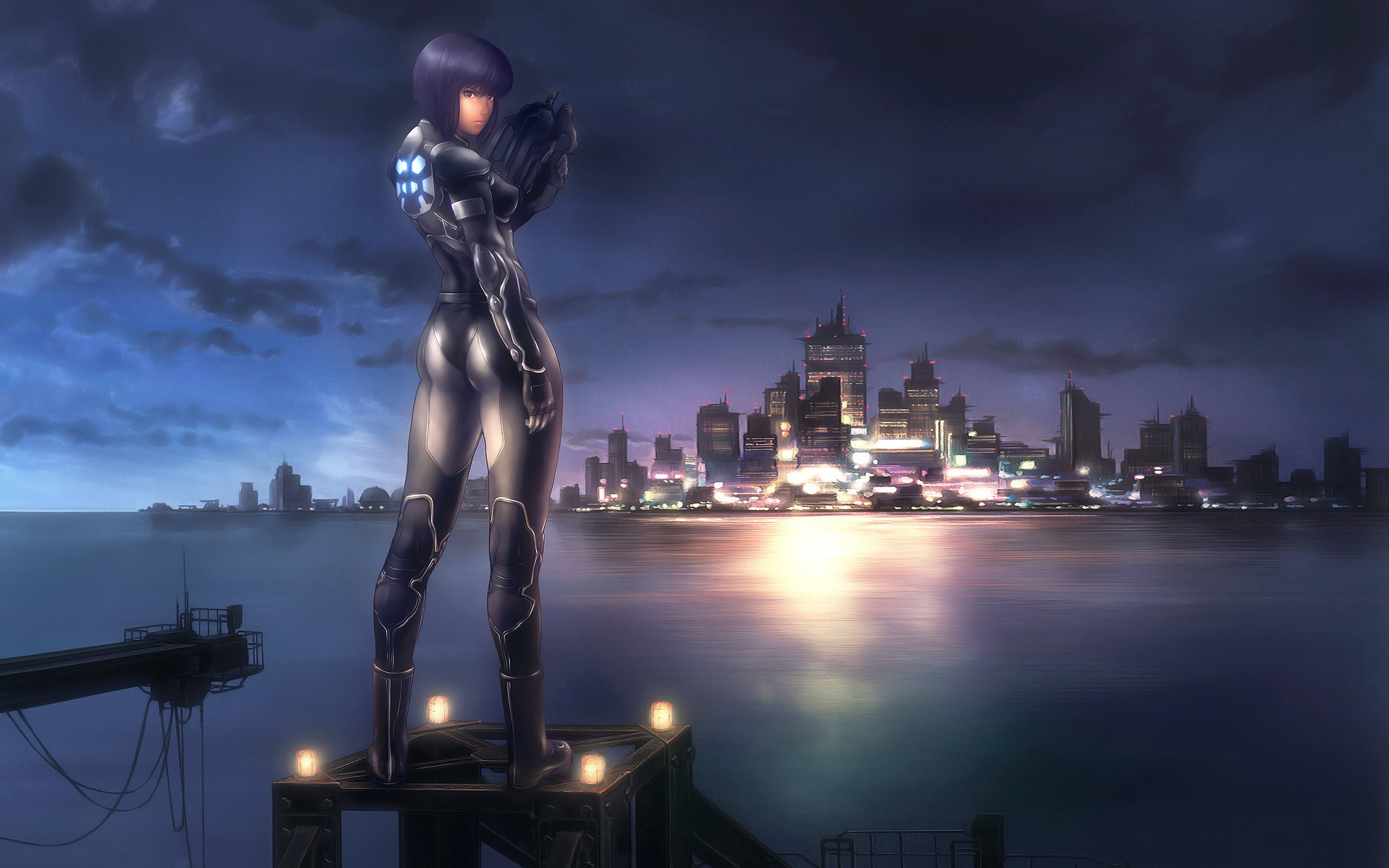 Motoko Kusanagi, Ghost in the Shell: Arise, Skyline notturno, Città sul mare, Cyberpunk, sfondo per PC