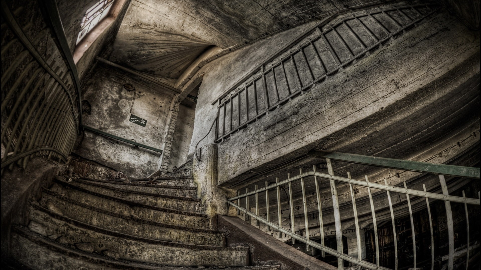 Scala abbandonata, Edificio in rovina, HDR, Ringhiera, 16:9 Full HD, sfondo widescreen