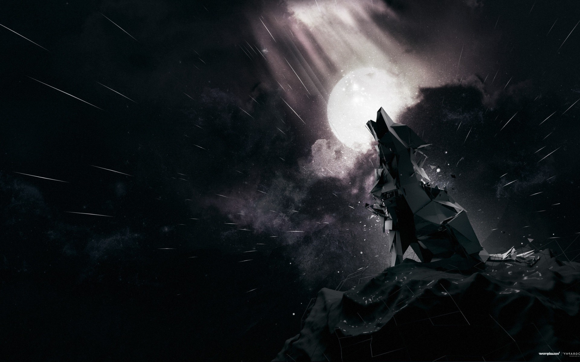 Lupo che ulula, Luna, Low poly, Notte, 1920x1200, sfondo per PC