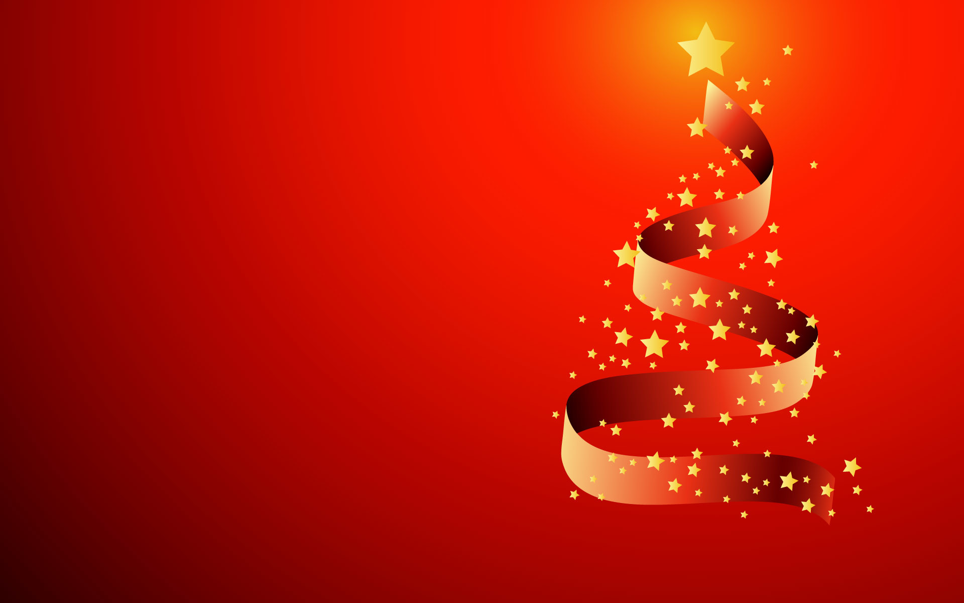 Albero di Natale, Nastro, Stelle dorate, Sfondo rosso, Full HD, wallpaper per PC