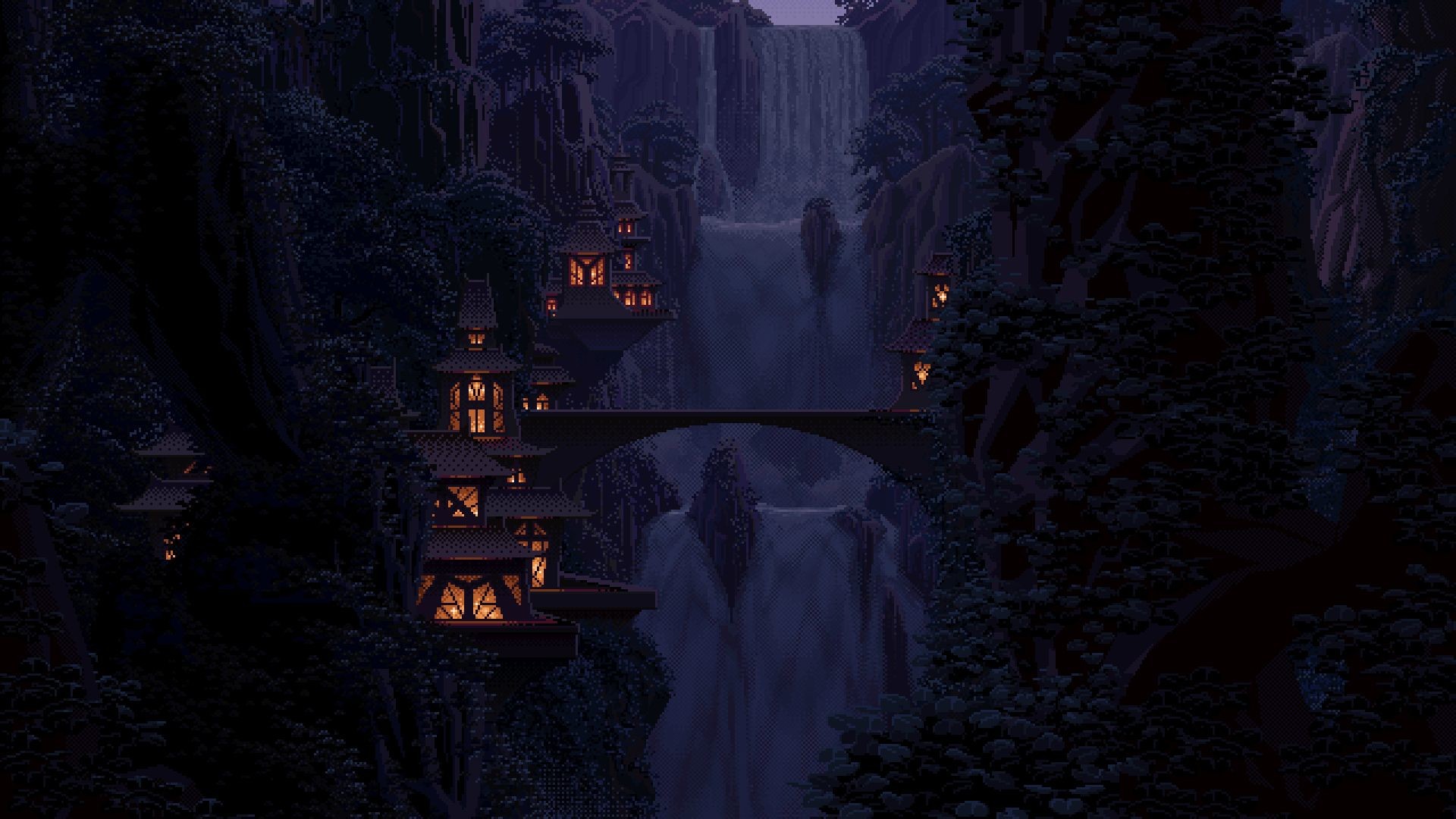 Pixel art, Villaggio fantasy, Cascata, Notte, 1920x1080, sfondo per PC