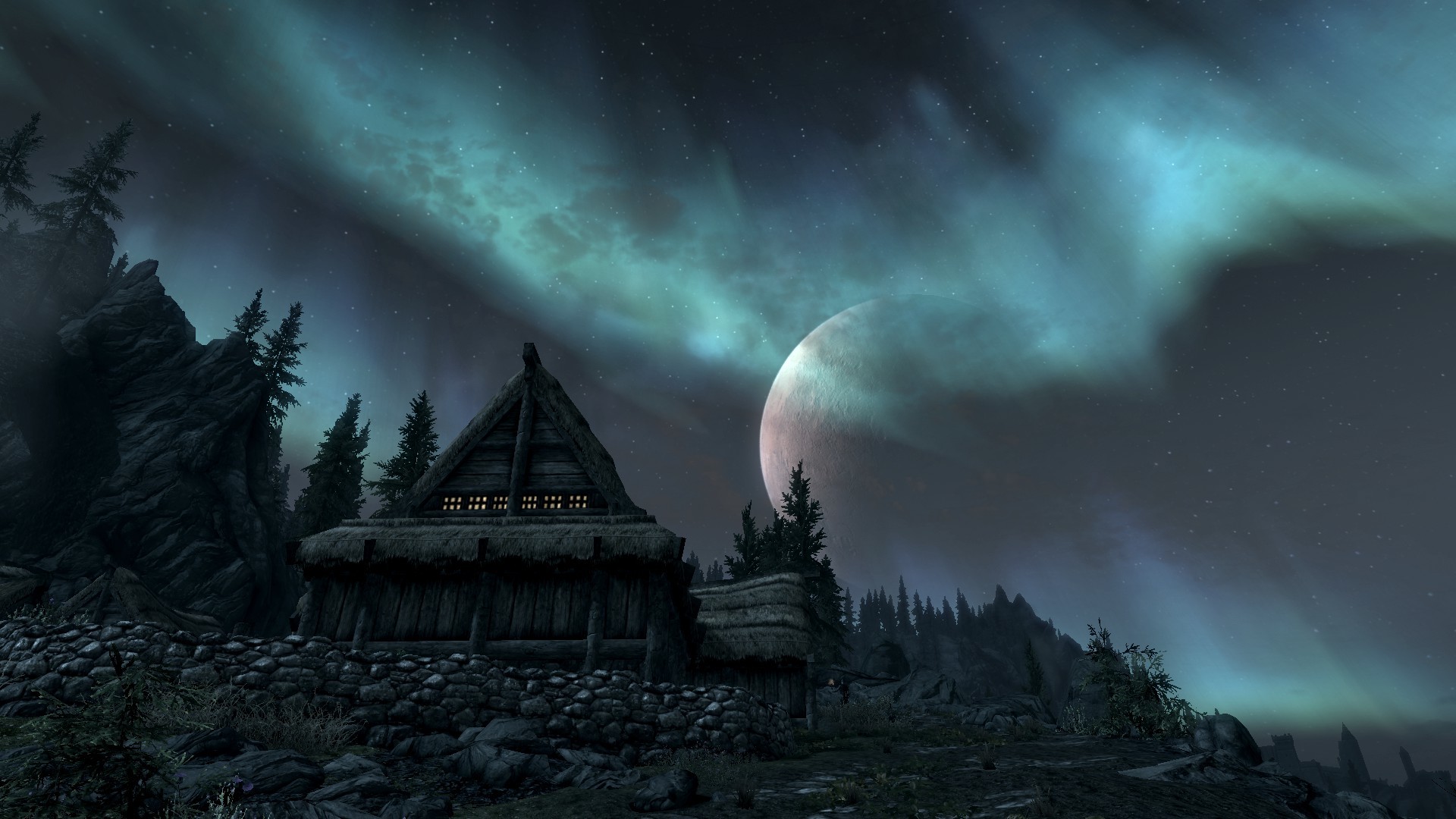 The Elder Scrolls V: Skyrim, Aurora boreale, Casa, Notte, Full HD, wallpaper per PC