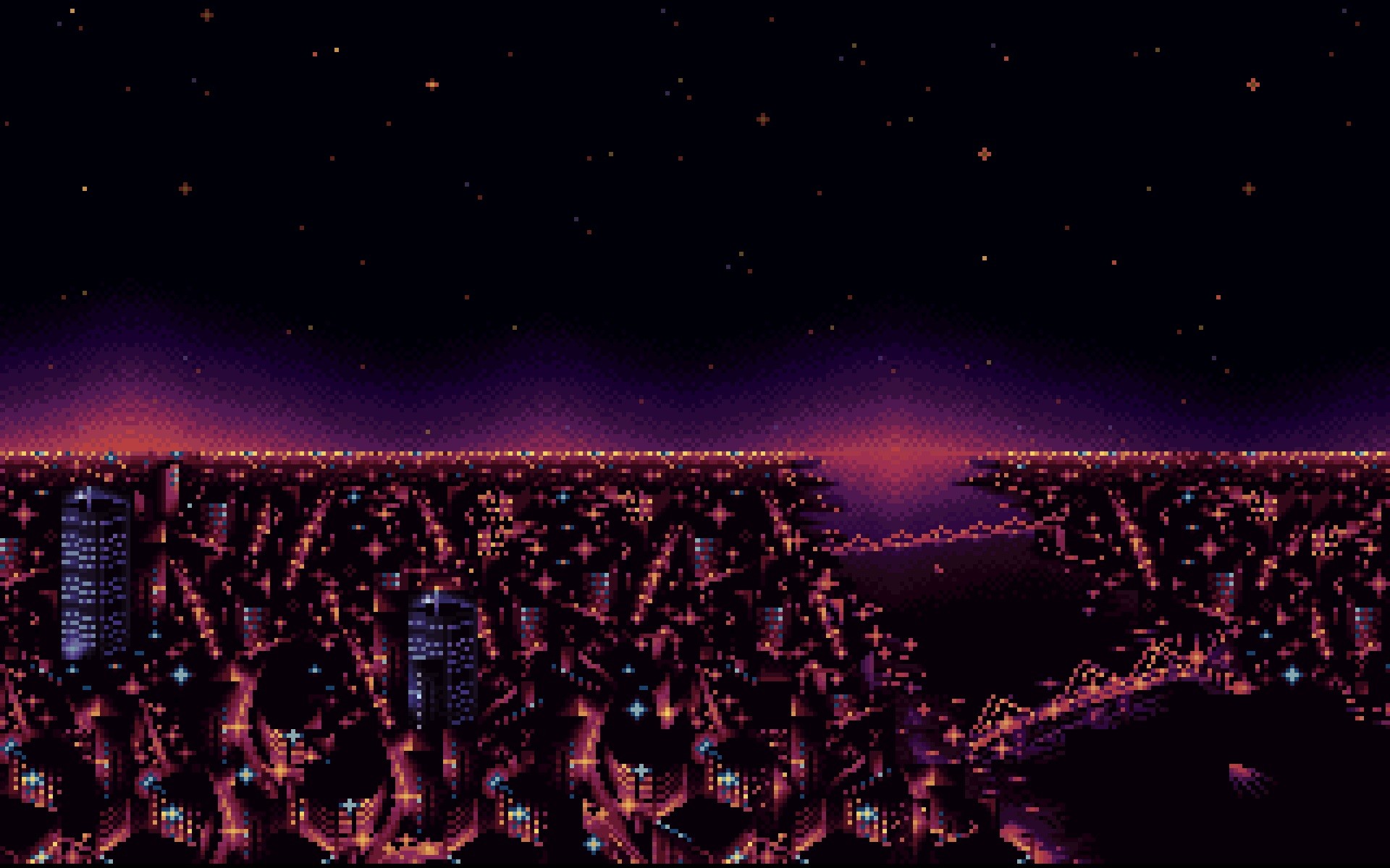 Pixel art, Città notturna, Luci, Vista aerea, Viola, 1920x1200, immagine di sfondo