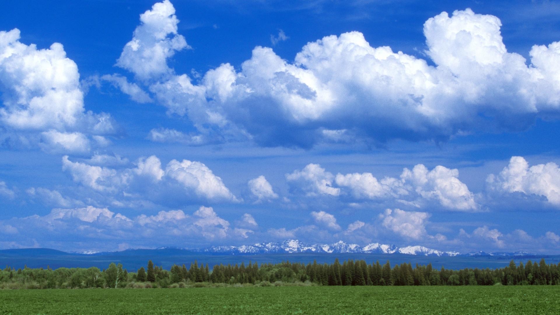 Cumuli, Prato, Montagne, Cielo blu, Full HD 1080p, sfondo desktop