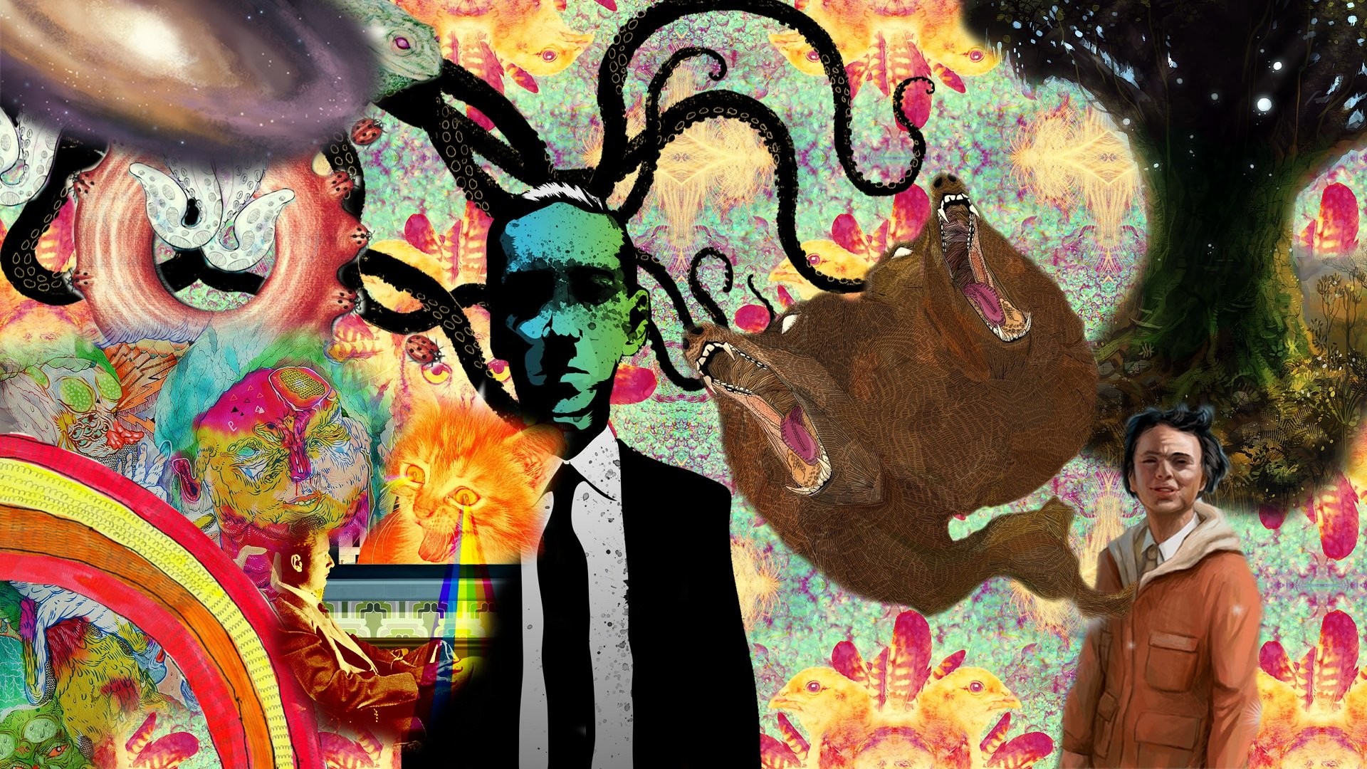 H. P. Lovecraft, Psichedelico, Tentacoli, Collage, Full HD, sfondo per portatile