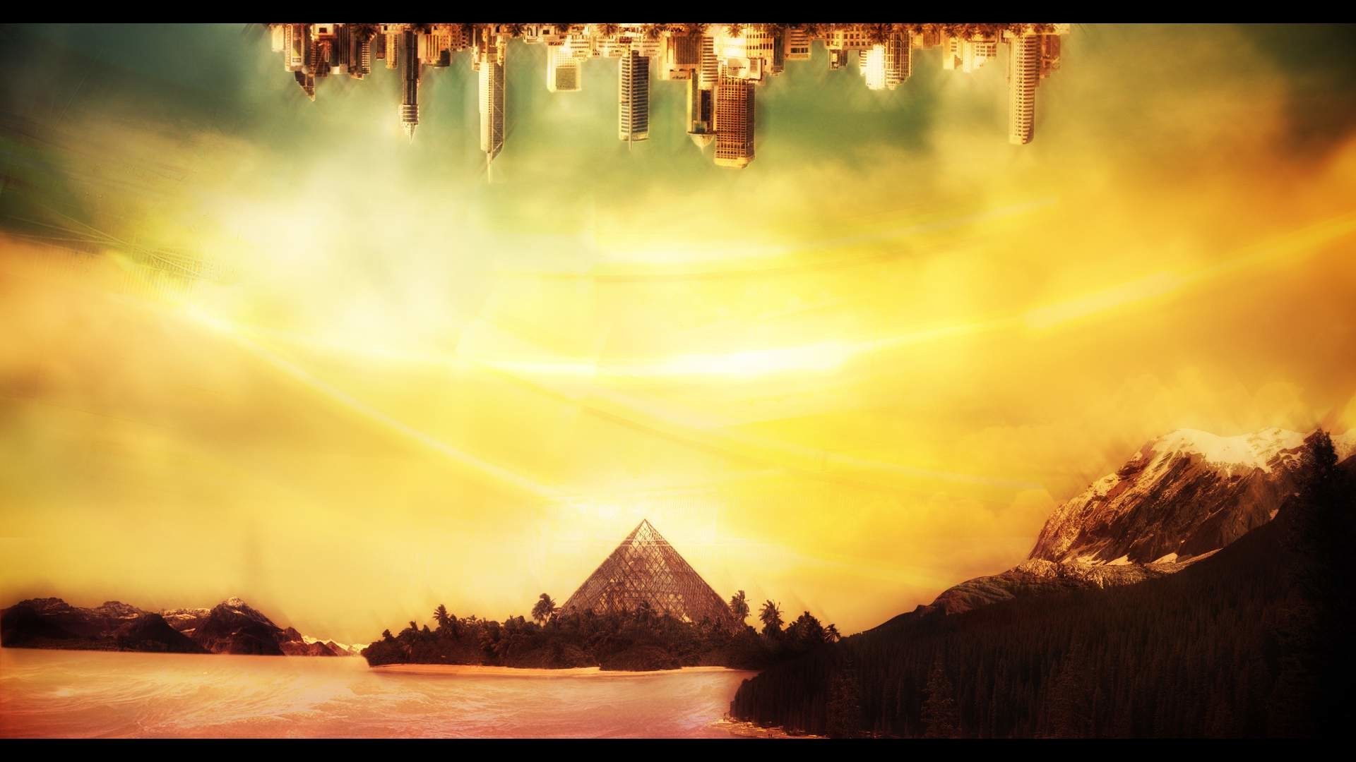 Geofront, Piramide NERV, Neon Genesis Evangelion, Luce dorata, Montagne, sfondo 16:9 Full HD