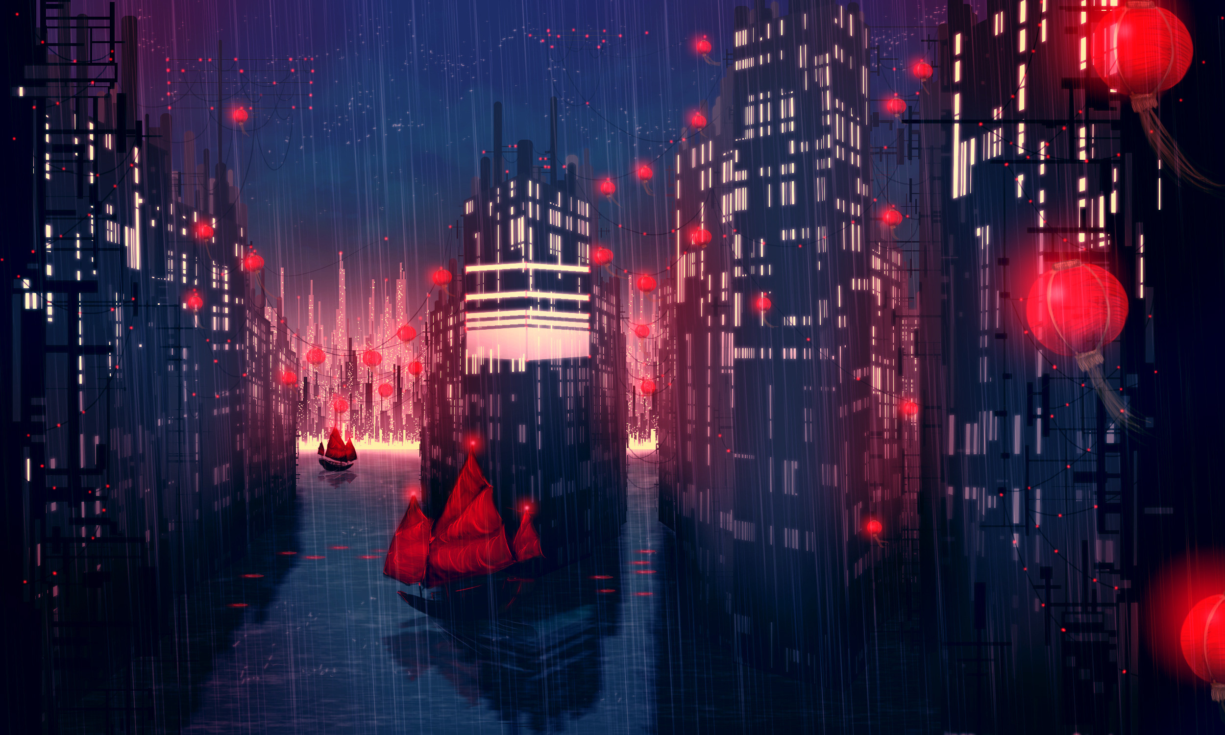 Pioggia, Città, Lanterne rosse, Barca, Illustrazione, Full HD, sfondo per PC