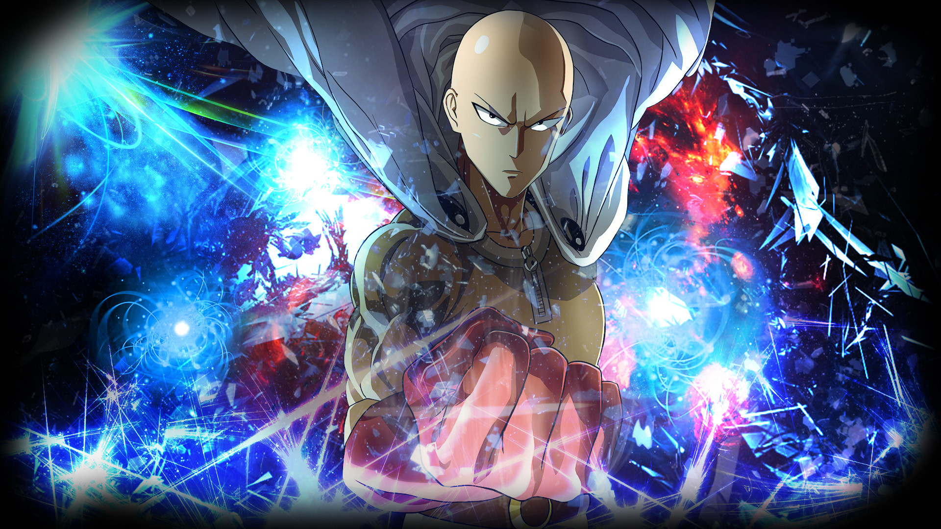 Saitama, One Punch Man, Pugno, Spazio, Blu, 16:9 Full HD, sfondo widescreen